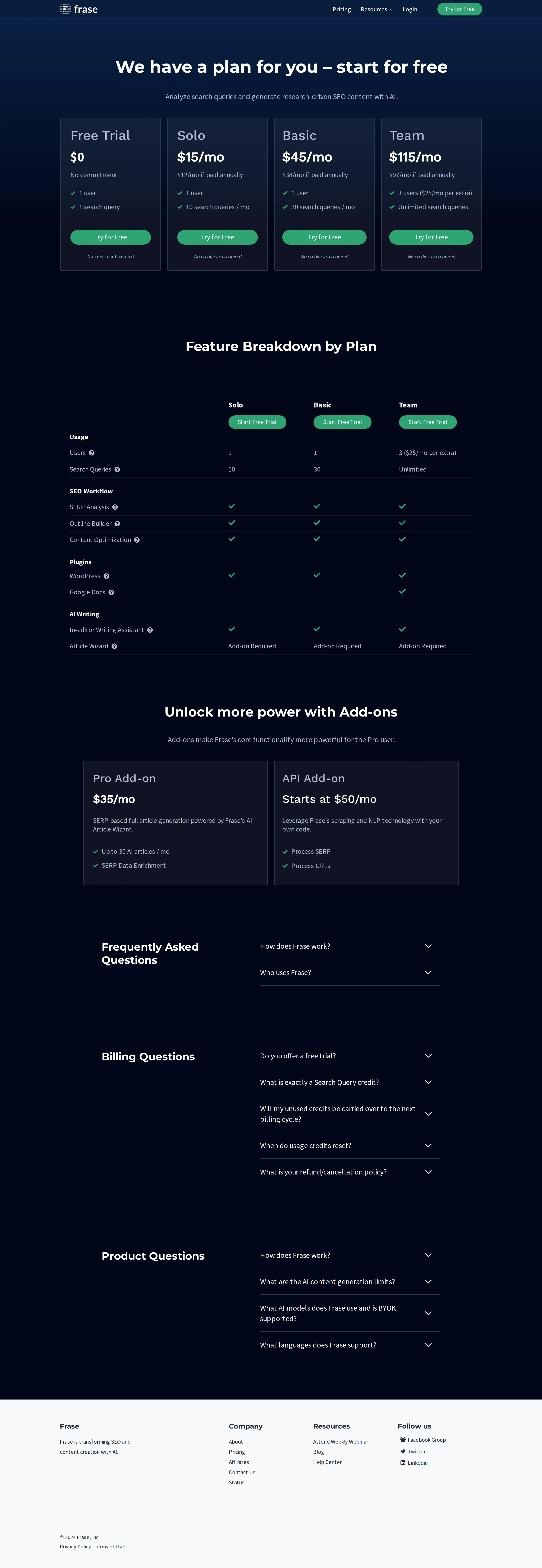 Free Trial $0 plan added; metering shifts to search queries; API Add-on appears - By Apr 2024 a $0 'Free Trial' plan (1 user, 1 search query, no credit card) beca
