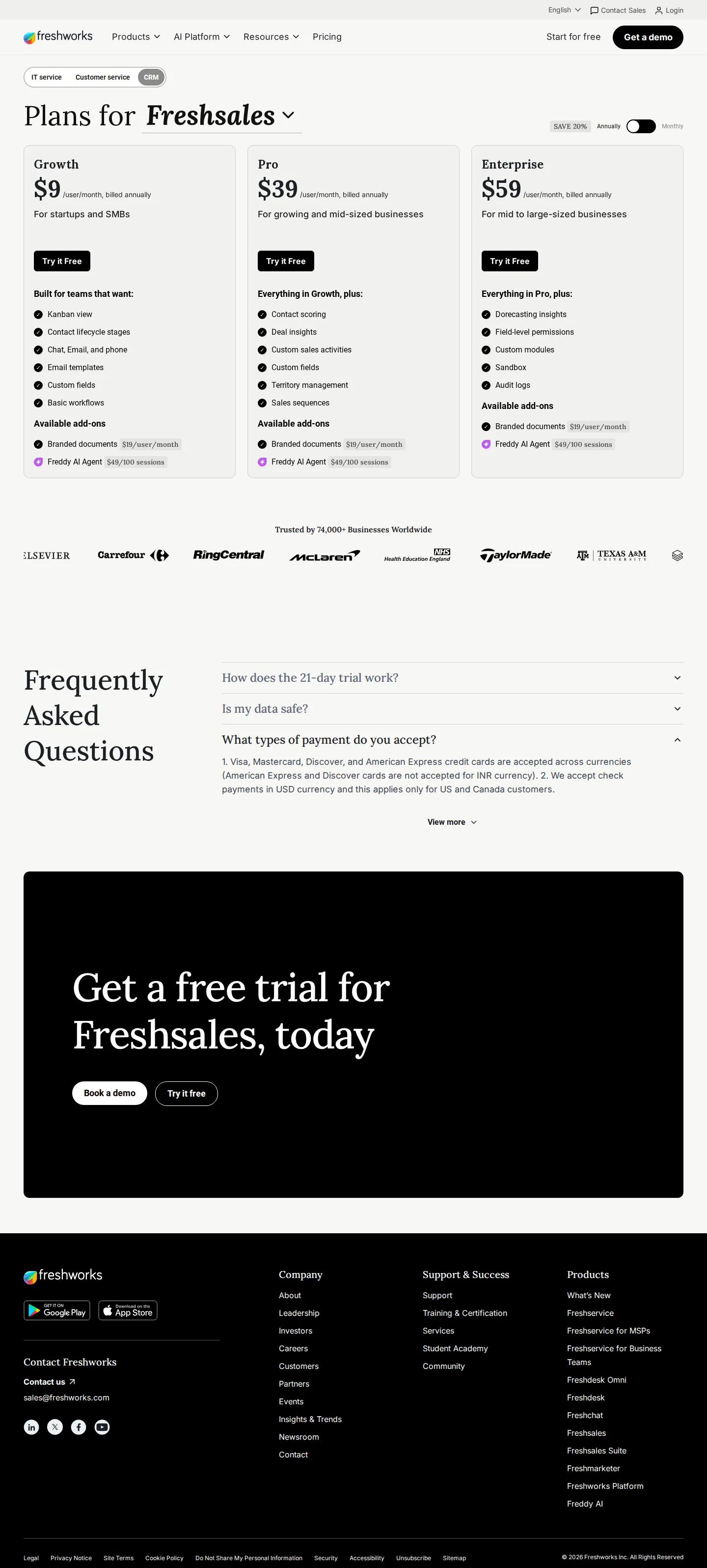 Free plan dropped from the pricing page; add-on prices published ($49/100 sessions, $19/user/mo CPQ) - A redesigned Freshsales pricing page now shows only three editions — Growth $9, 