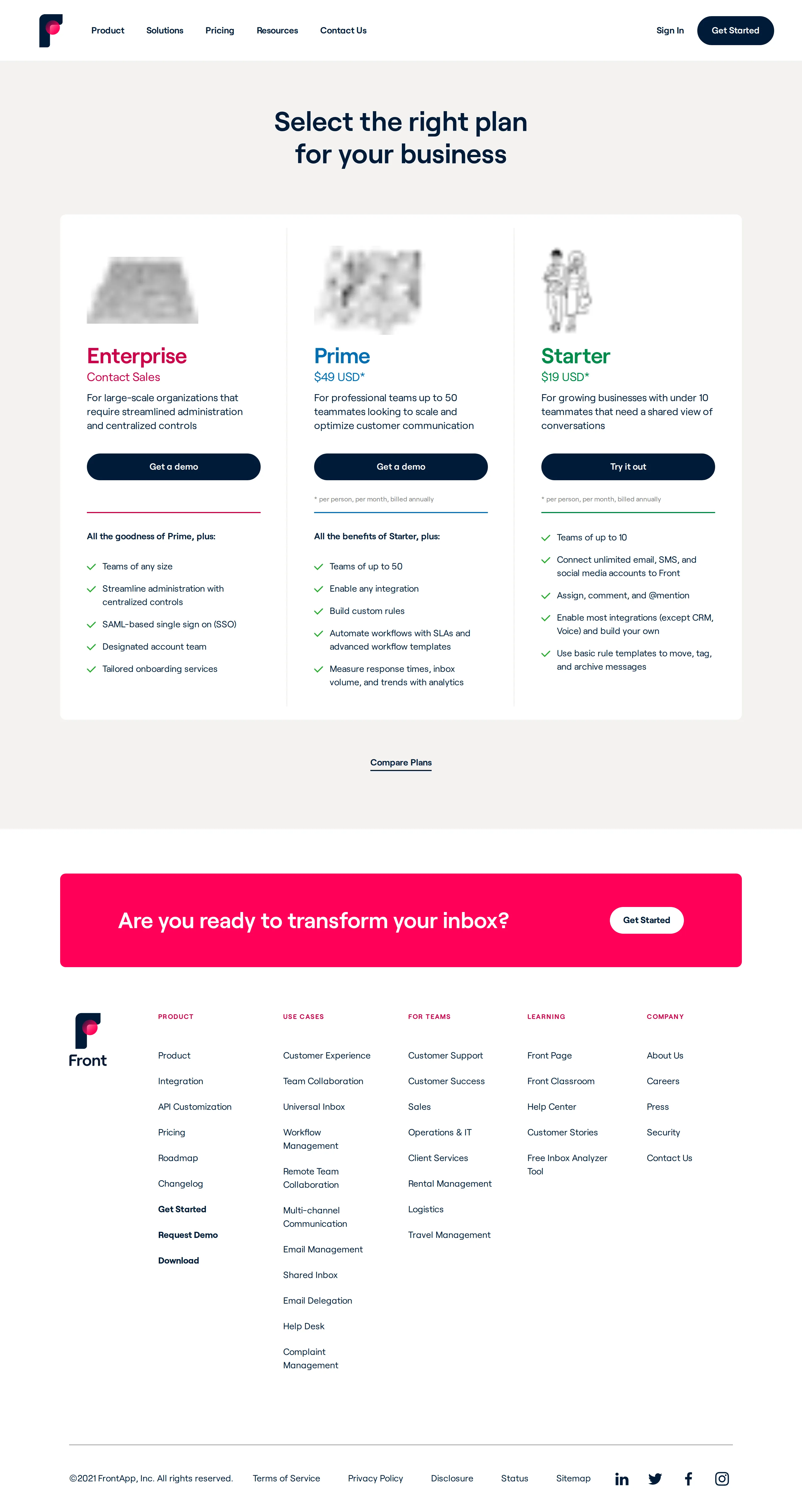Three-tier Starter / Prime / Enterprise ladder - The archived pricing page shows Starter at $19 and Prime at $49 per person per m