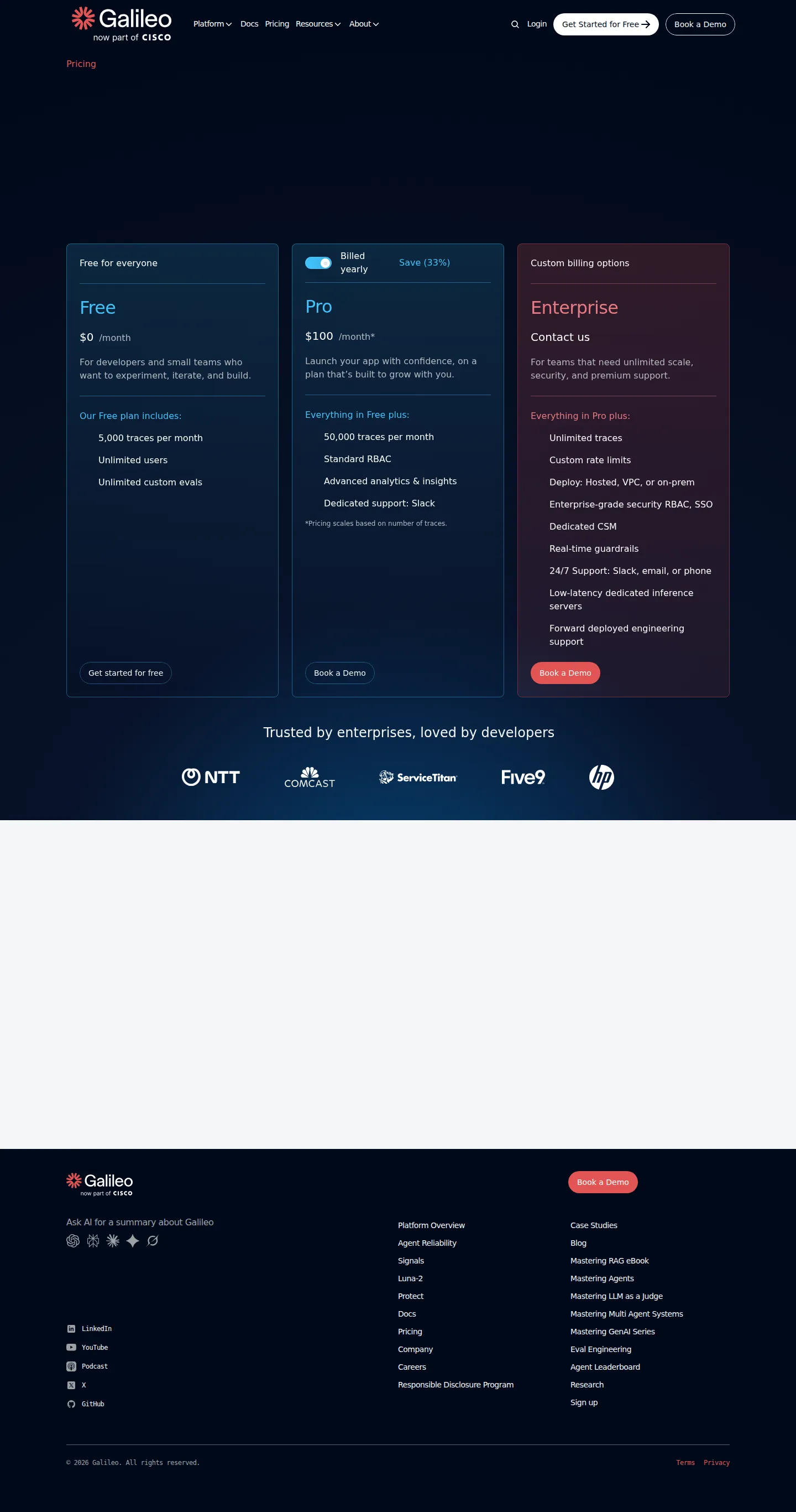 Free / Pro / Enterprise trace-metered tiers (now part of Cisco) - Current capture: a three-tier trace-metered structure — Free ($0, 5,000 traces/m