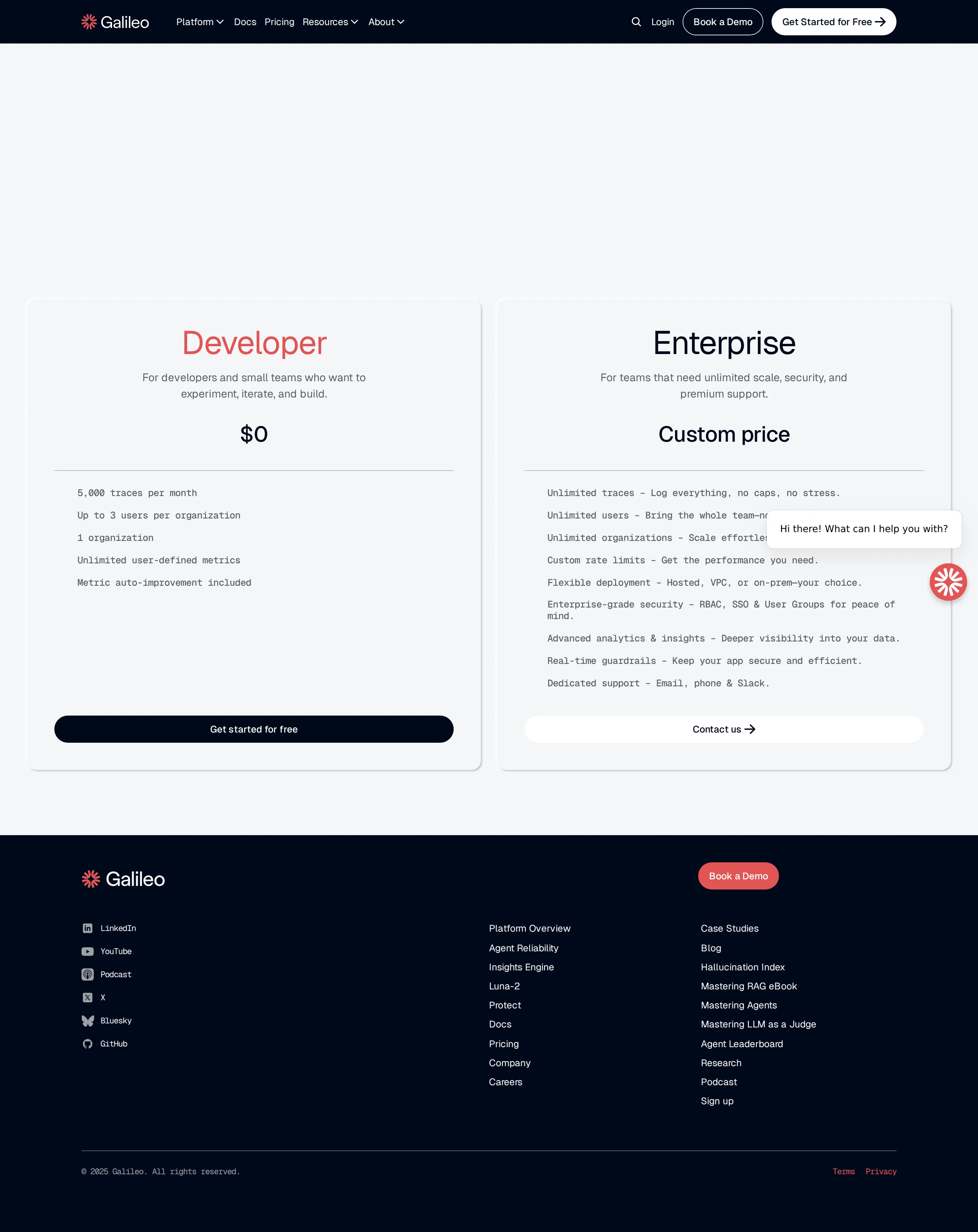 Two-tier era: free Developer + custom Enterprise - Through at least September 2025 the pricing page (galileo.ai/pricing, captured v