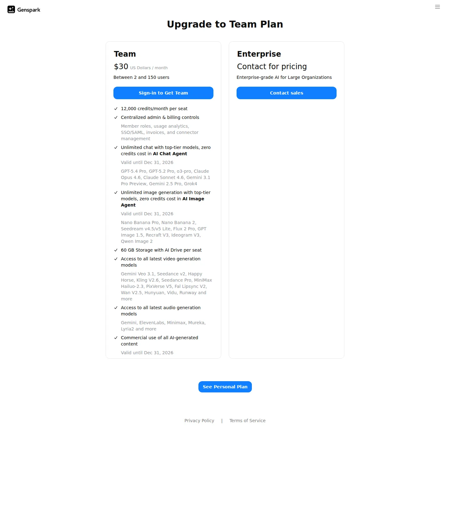 Credit-tiered Free/Plus/Pro plus $30/seat Team and custom Enterprise - Genspark runs a credit-allowance subscription: Free (100 daily credits), Plus (f