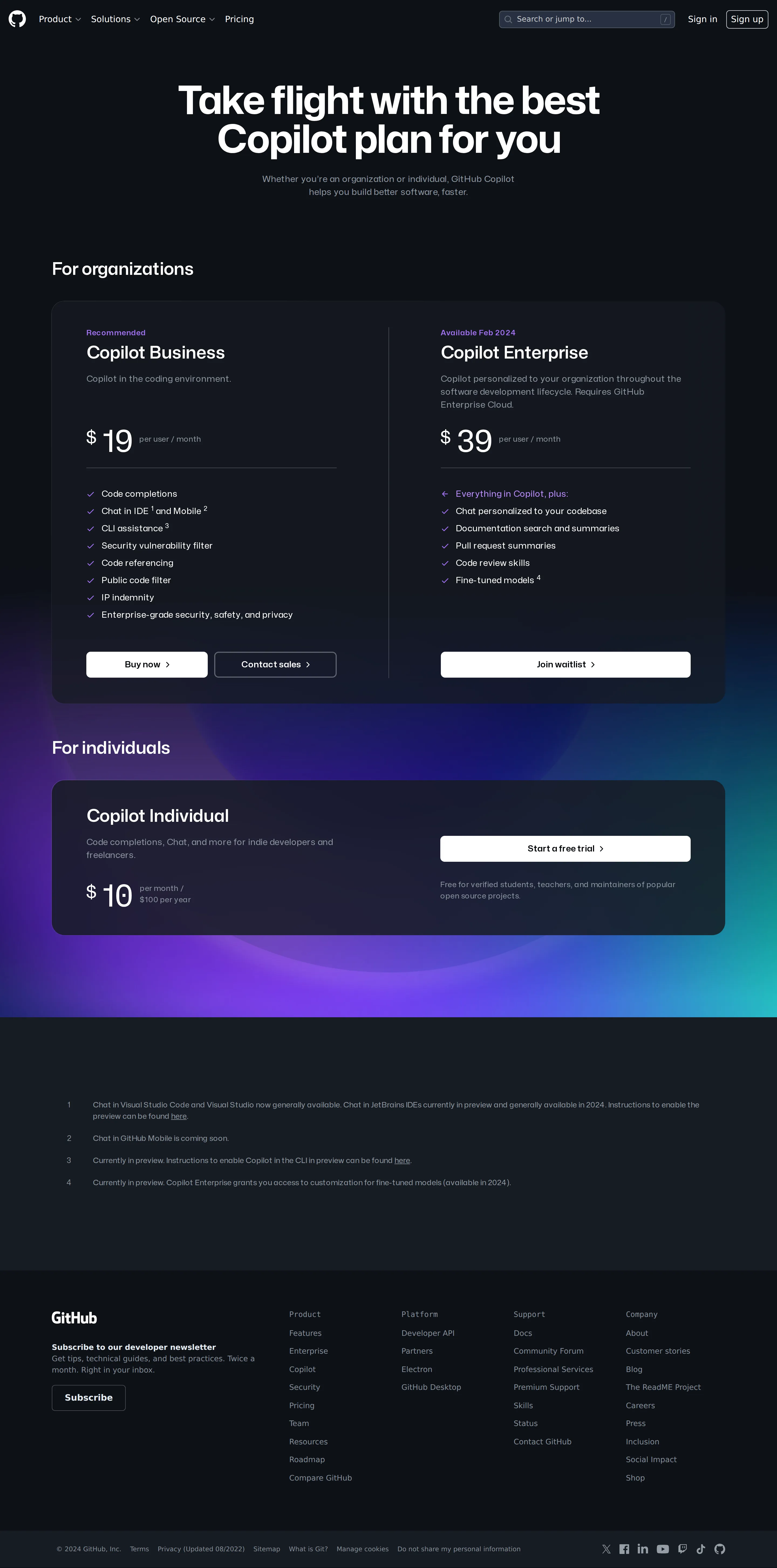Copilot Business ($19) and Enterprise ($39) ship - By February 2024 the org tiers were live: Copilot Business at $19/user/mo and Co