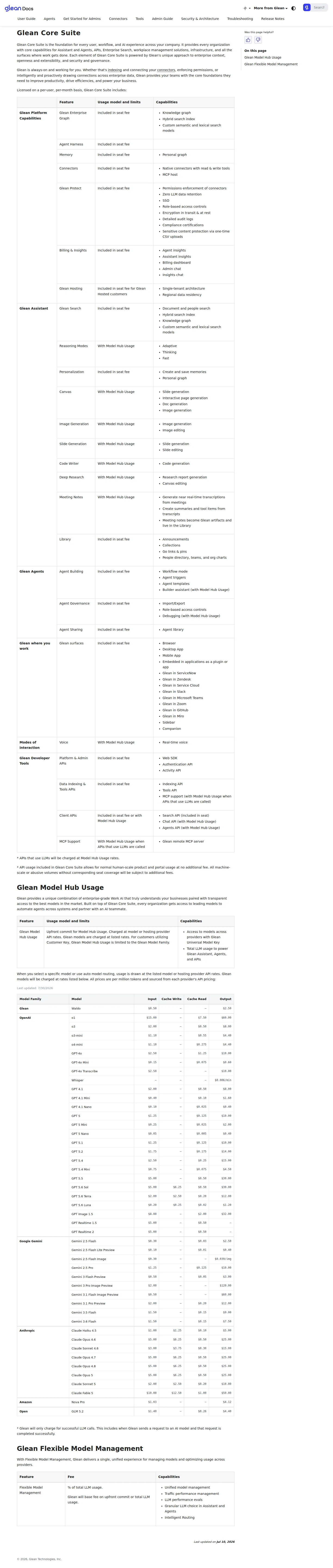 Model Hub rates cut for GPT 5.6 Terra and Luna; Luna moves to Standard tier - Glean's Model Hub Usage table (docs.glean.com/glean-core-suite-pricing, last upd