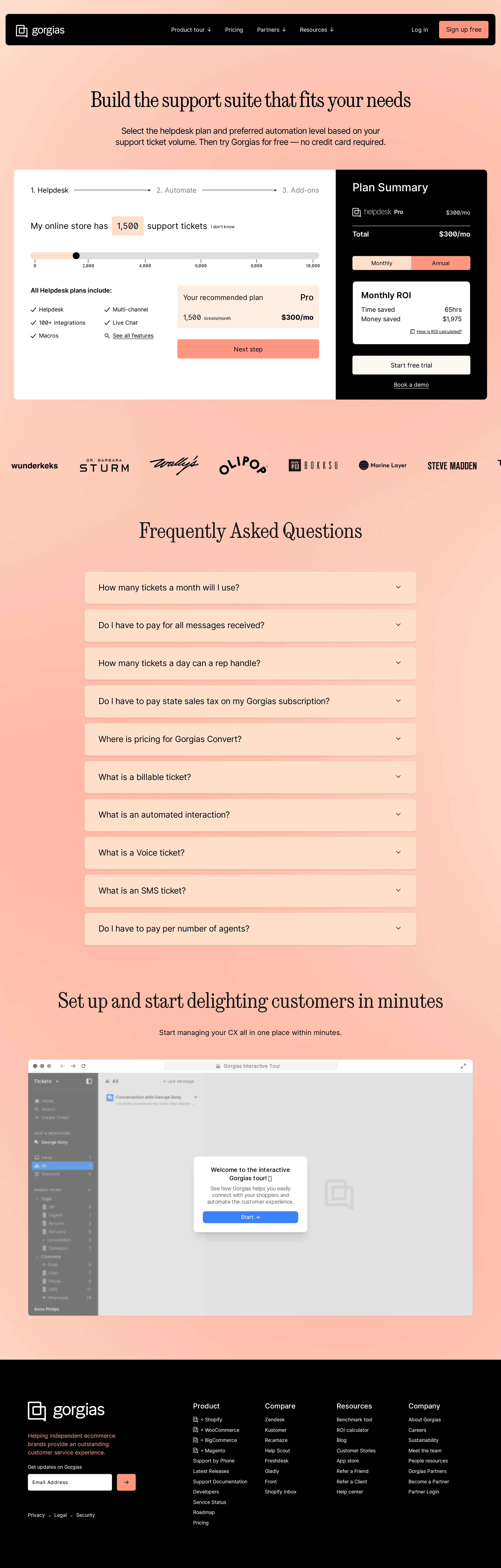 Configurator flow and per-automated-interaction billing - The pricing page becomes a three-step configurator (1. Helpdesk, 2. Automate, 3.
