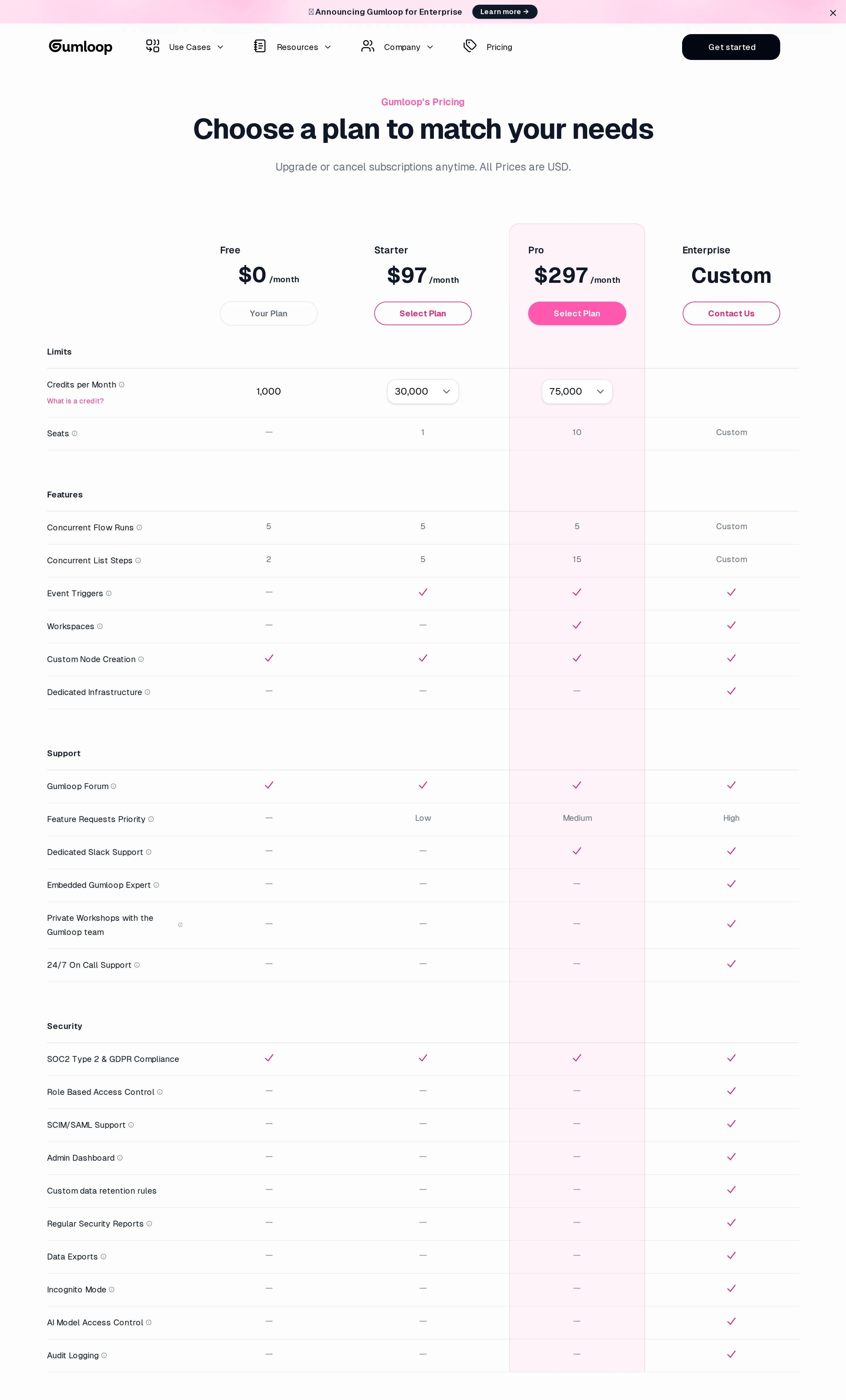 Enterprise launch; $97 / $297 tiers still in force - By 2025-08-07 the page carried an 'Announcing Gumloop for Enterprise' banner and