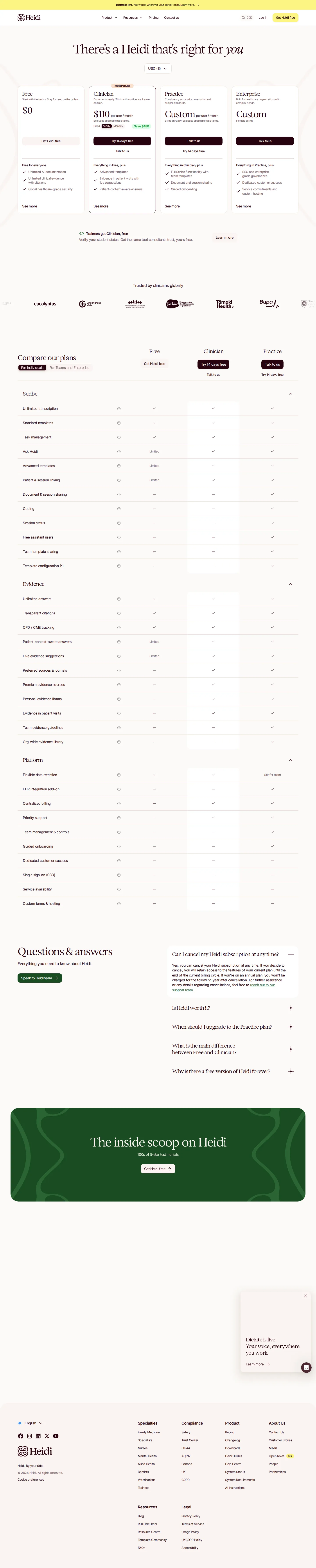 Ladder consolidated to four tiers; Practice price pulled behind sales - Captured live: the six-tier ladder collapsed to four — Free ($0), Clinician ($11