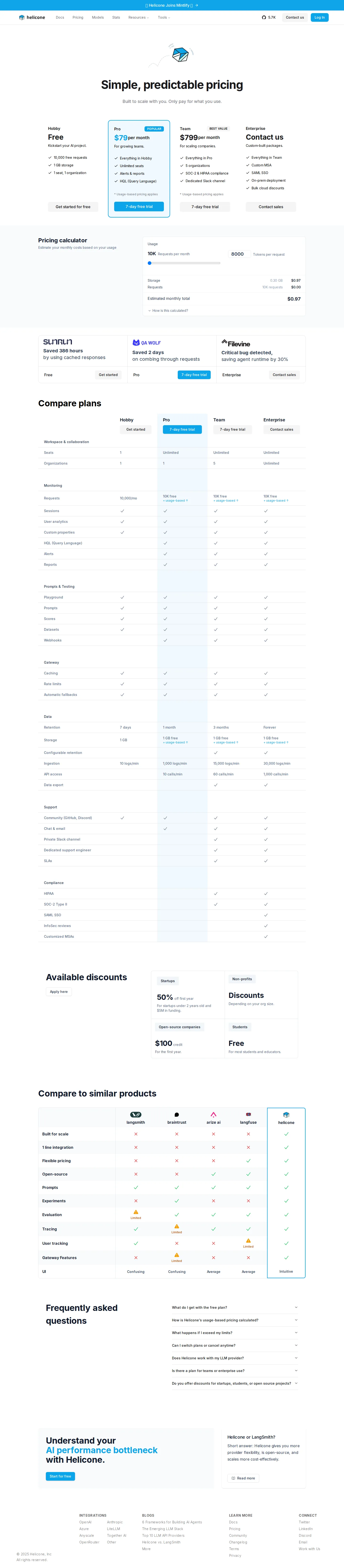 Flat per-org Pro $79 / Team $799 + usage - Current structure: Hobby (free, 10K req, 1 GB), Pro $79/mo and Team $799/mo (eac