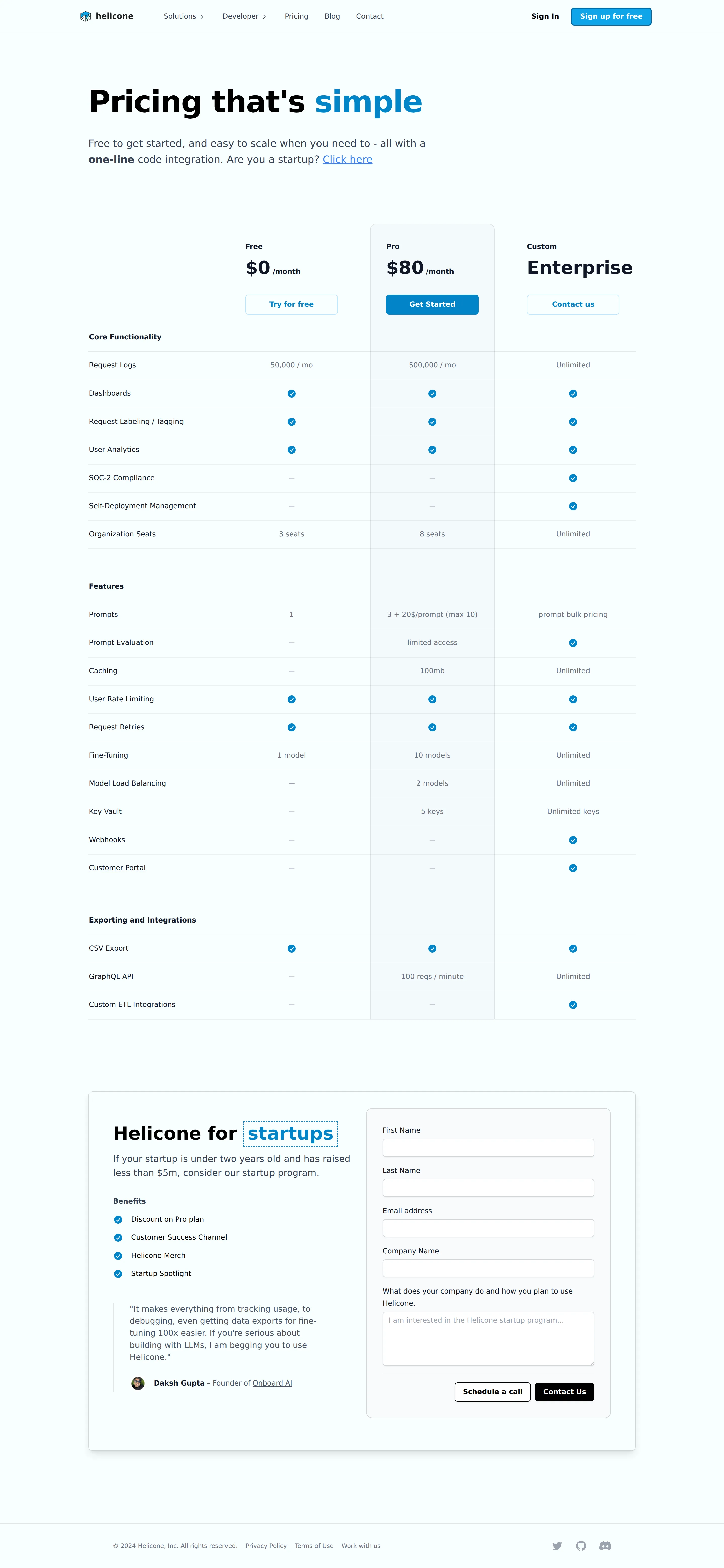 Tiered Free / Pro / Custom restructure - Moved to a 3-tier comparison: Free ($0, 50K request logs/mo), Pro ($80/mo, 500K 