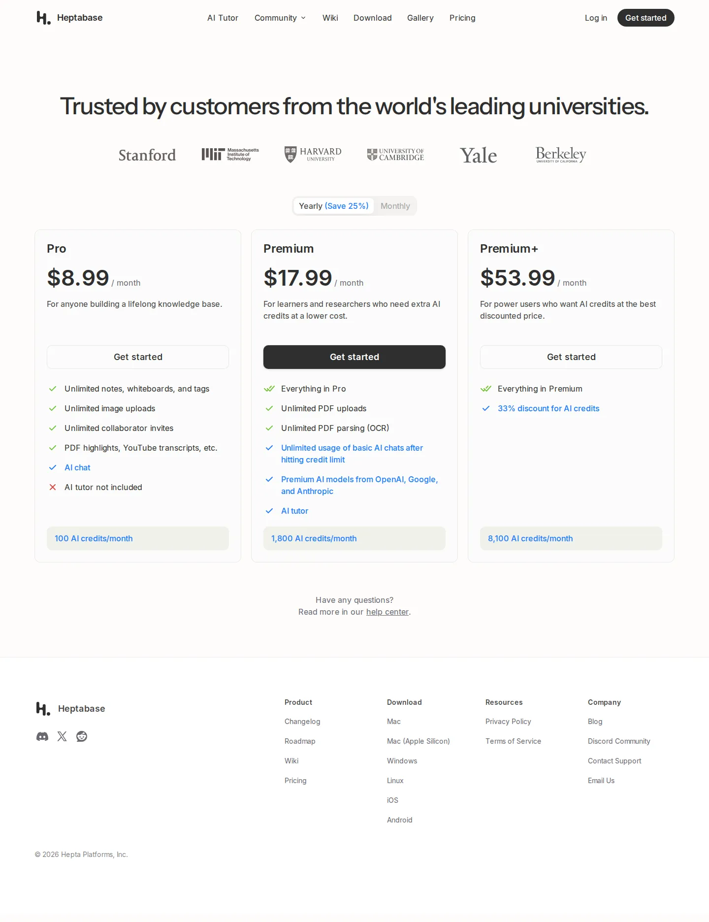 Three-tier credit-metered structure confirmed - Pricing page shows Pro $8.99, Premium $17.99, Premium+ $53.99 (per month billed 