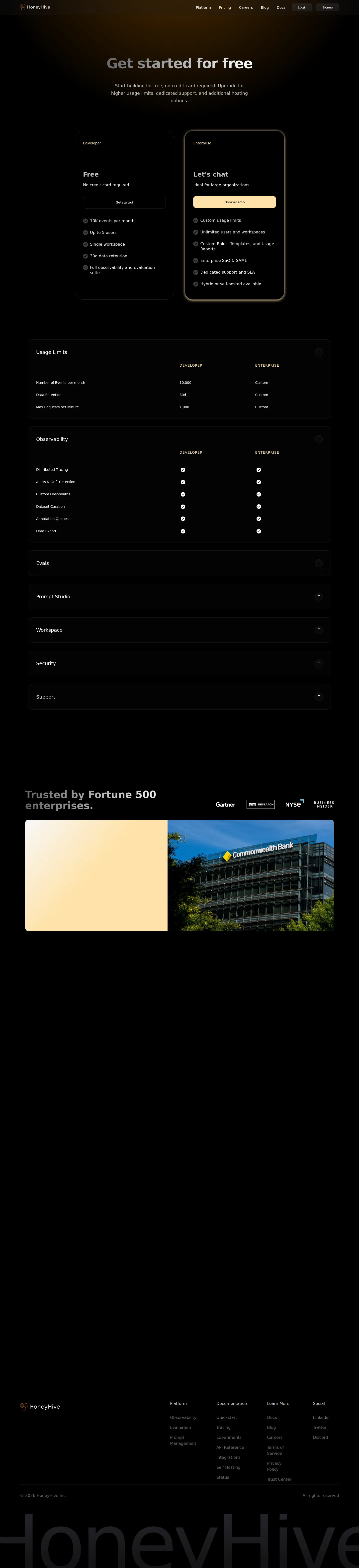 Current state: free Developer + custom Enterprise - HoneyHive lists a free Developer plan (10K events/month, up to 5 users, single w