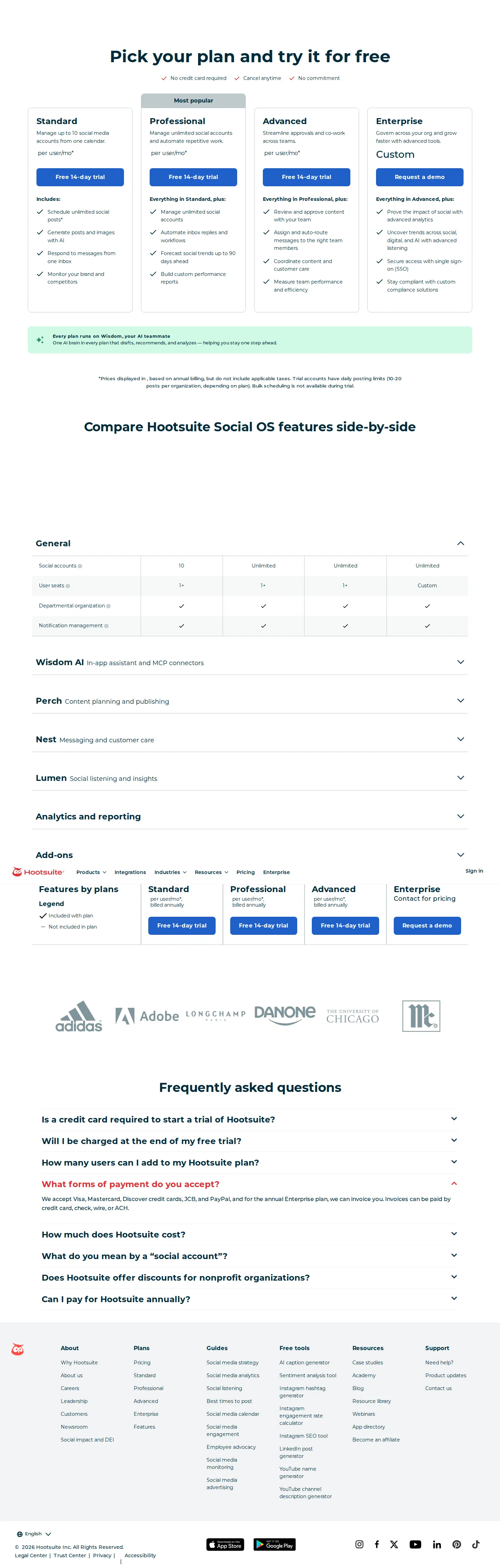 Social OS repackaging with bundled Wisdom AI (Standard $99 / Professional $199 / Advanced $399) - Hootsuite rebuilt its portfolio as an AI-native 'Social OS,' renaming products (