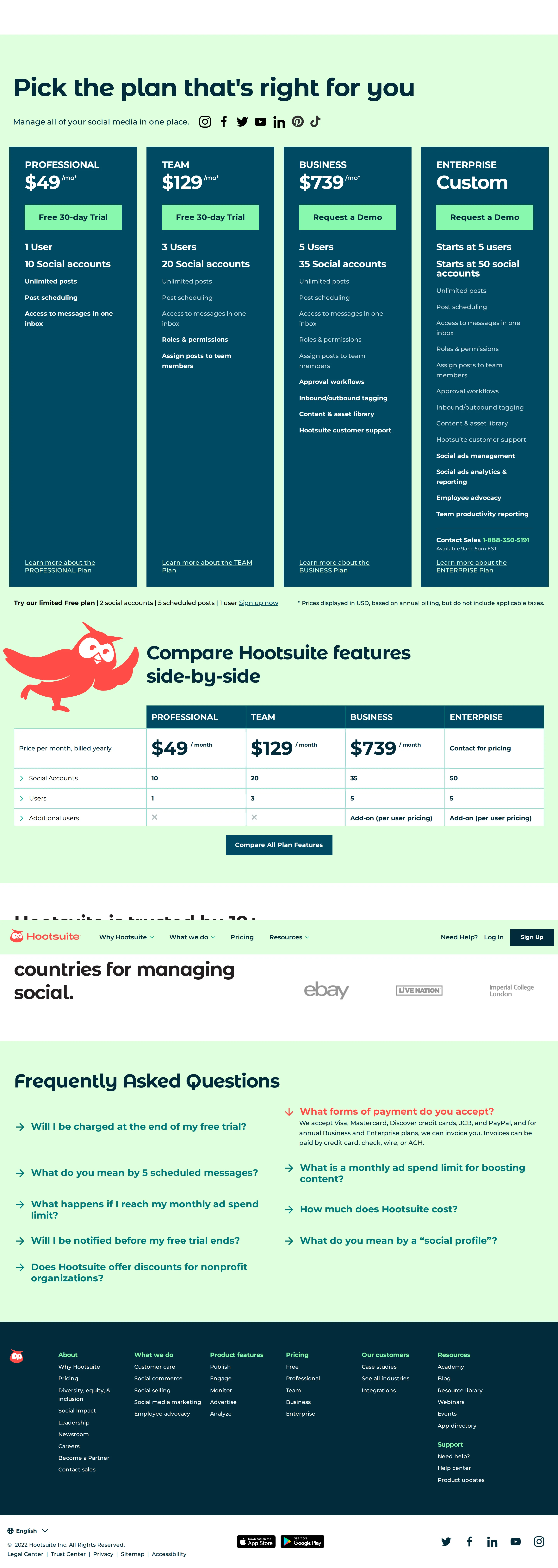 Four-tier plans (Professional $49 / Team $129 / Business $739) plus a limited Free plan - Wayback snapshot shows four public tiers — Professional $49/mo (1 user, 10 accou