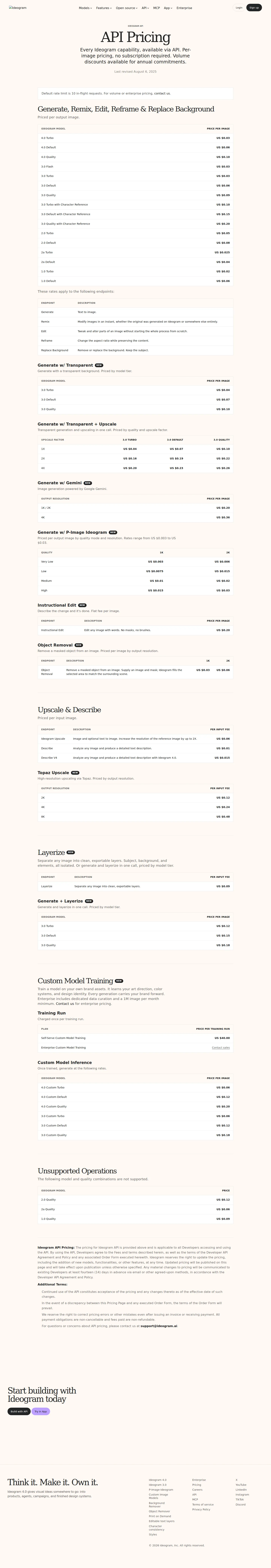 Ideogram P-Image joins the API — a new $0.003 price floor, plus Object Removal and Describe V4 - Captured 2026-08-04 (USD): the API Pricing page adds a fourth model family, Ideo