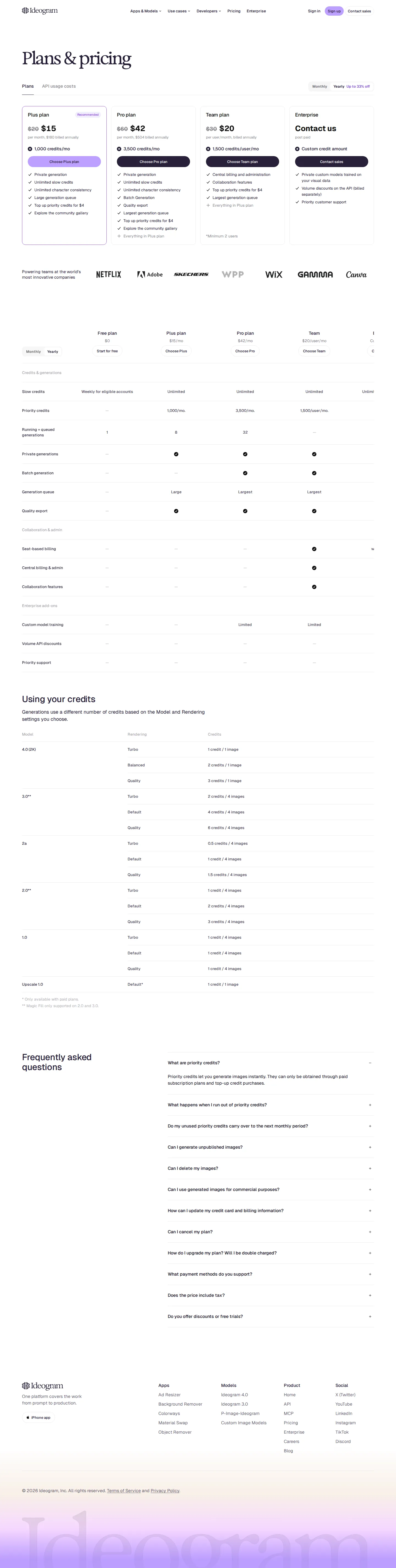 Ideogram 4.0 credit cost cut in half; API pricing folds into a unified Plans & pricing page - Captured 2026-08-25 (USD): the consumer subscription ladder holds (Free $0 / Plu
