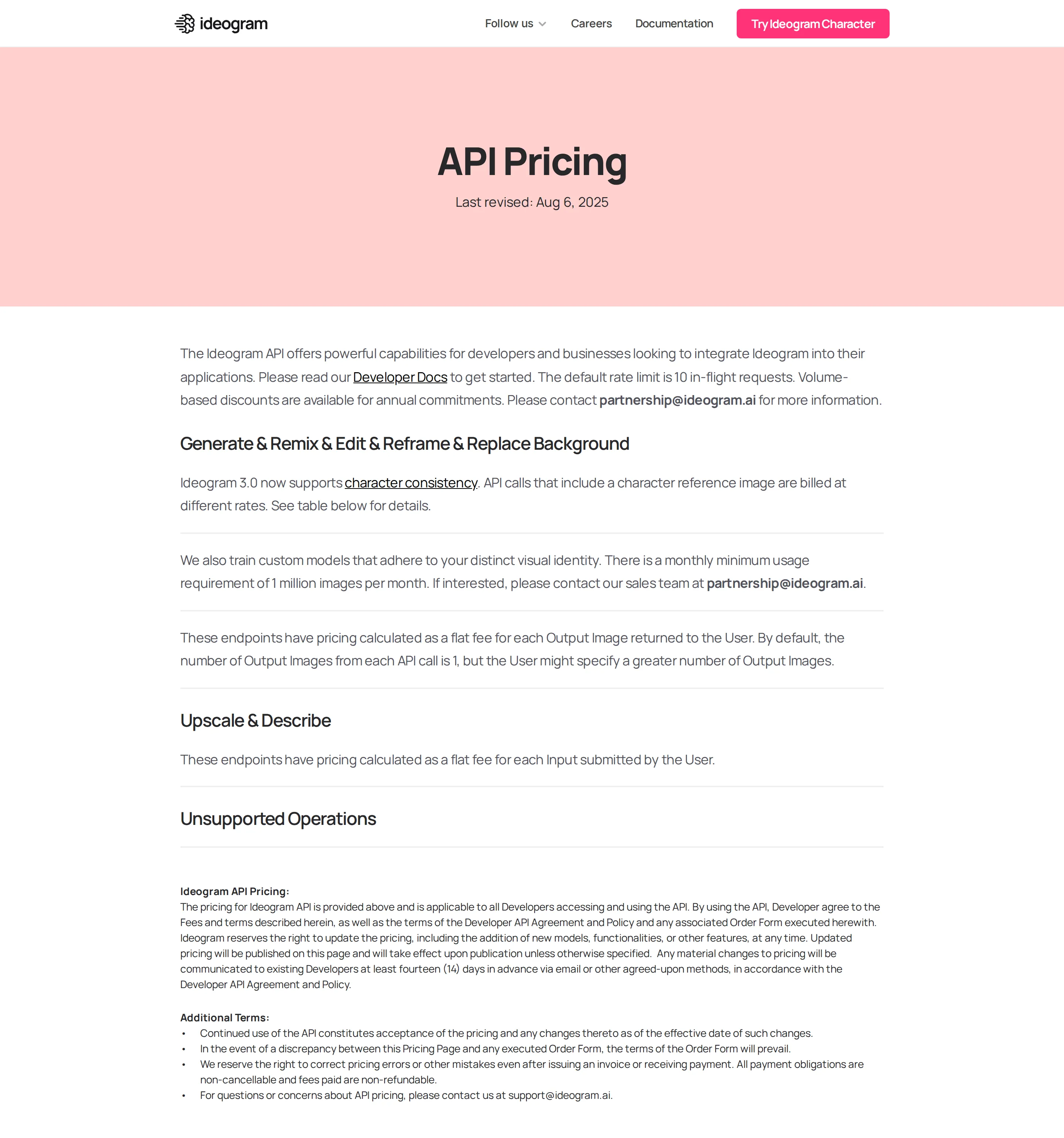Per-image Generation API pricing page published (last revised Aug 6, 2025) - The Ideogram API Pricing page carries a visible 'Last revised: Aug 6, 2025' stam