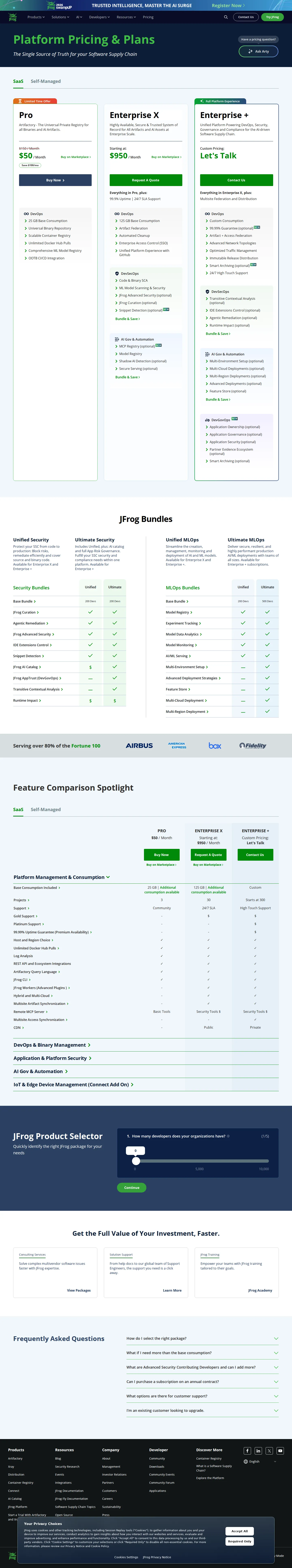 Current ladder: SaaS Pro discounted to $50/mo; Self-Managed Pro X flat at $27,000/yr - As captured: SaaS Pro lists at $150/month with a 'Limited Time Offer' discountin