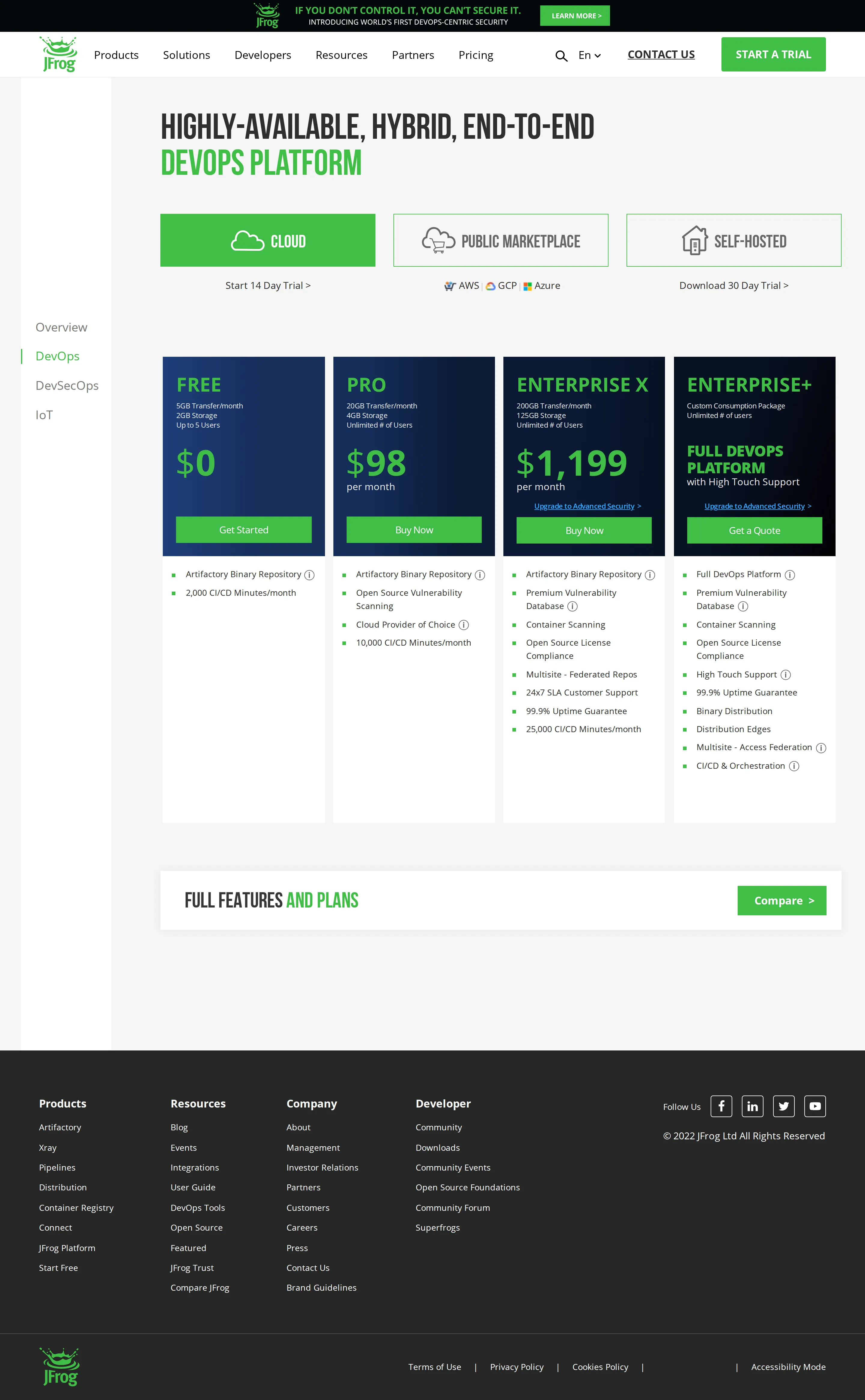 Enterprise renamed Enterprise X with a 72% price jump; Free tier shrinks - Between the October and November 2022 Wayback captures, JFrog renamed its SaaS '
