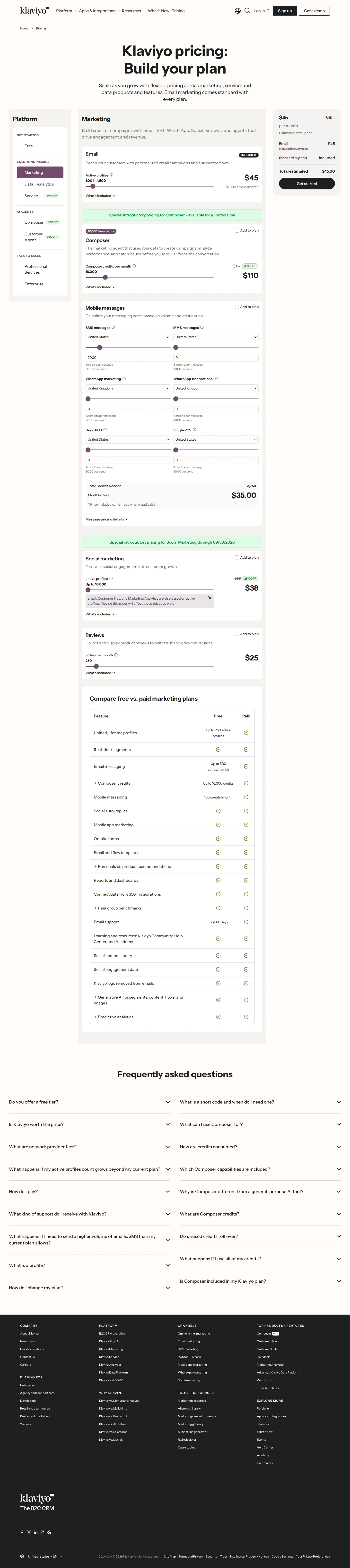 Build-your-plan pricing with AI-agent SKUs captured - Klaviyo's self-serve builder prices Email from $45/mo (1,001–1,500 active profil