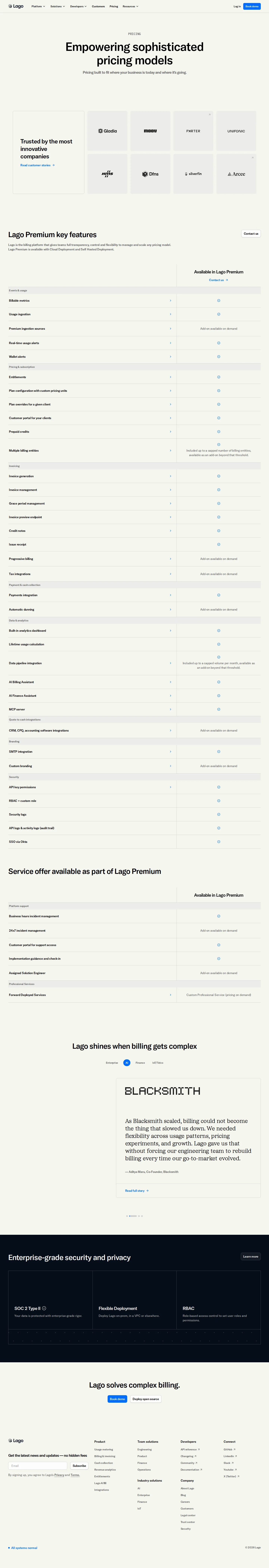 Business + Enterprise collapse into a single 'Lago Premium' package - Lago's pricing page drops the two-column Business / Enterprise matrix in favour 
