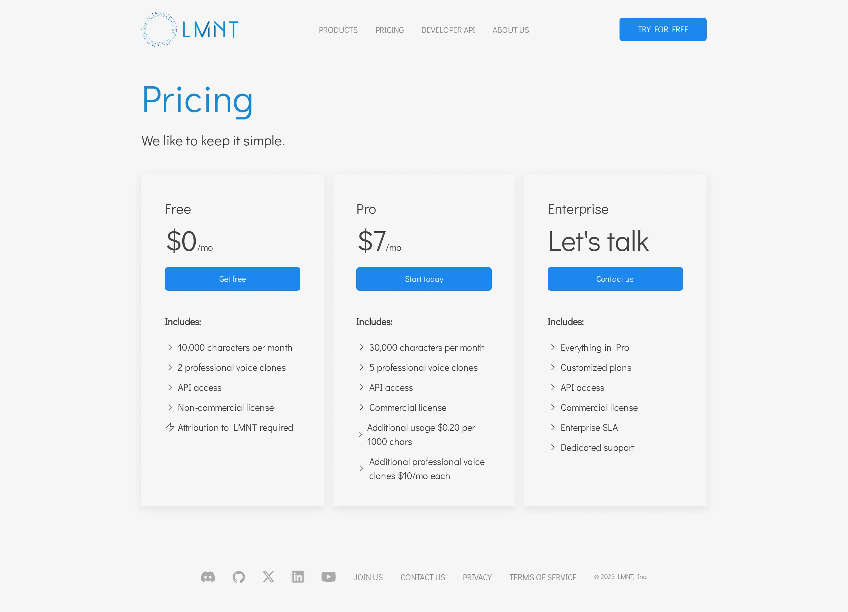 Three-tier 'keep it simple' model: Free, $7/mo Pro, Enterprise - Earliest captured pricing (Wayback 2023-09 and 2023-12): Free ($0, 10K character