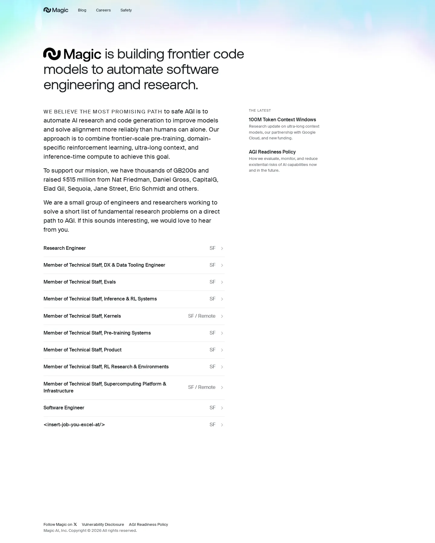 Still no public pricing — $515M raised - Capture confirms magic.dev publishes no pricing page or plans. The homepage is a