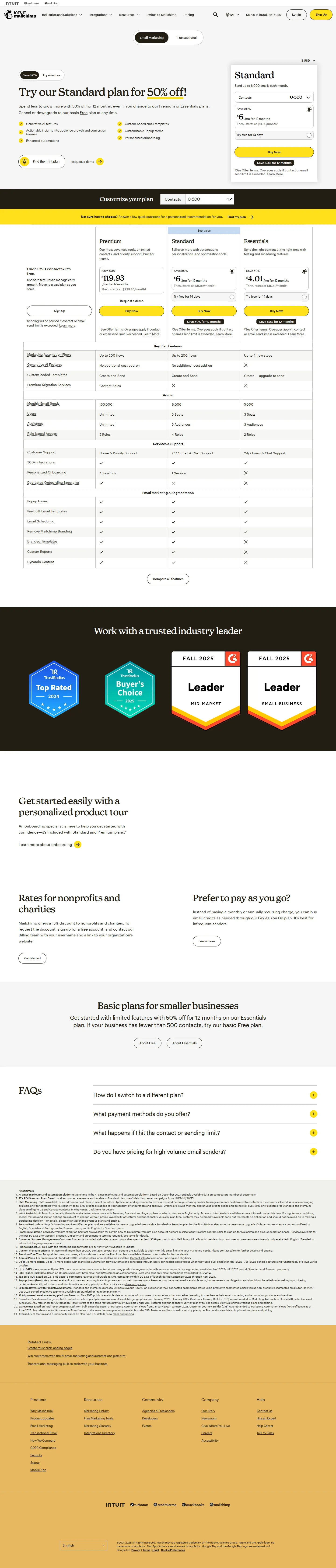 Marketing plans + Transactional snapshot - Free now 250 contacts / 500 sends per month; Essentials, Standard and Premium bi