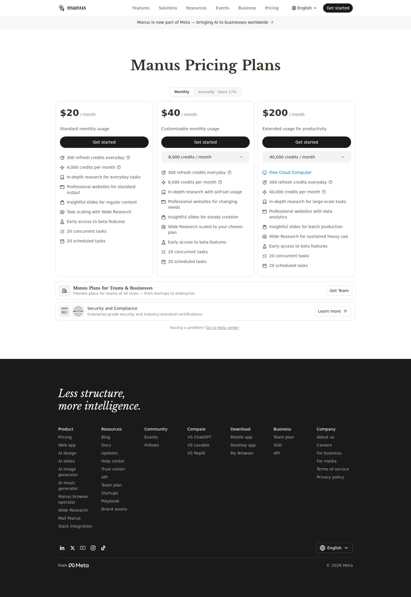 Credit-tiered plans, pooled-credit Team, and Cloud Computer add-ons - Current structure: individual credit tiers ($20 / $40 / $200 per month for 4,000