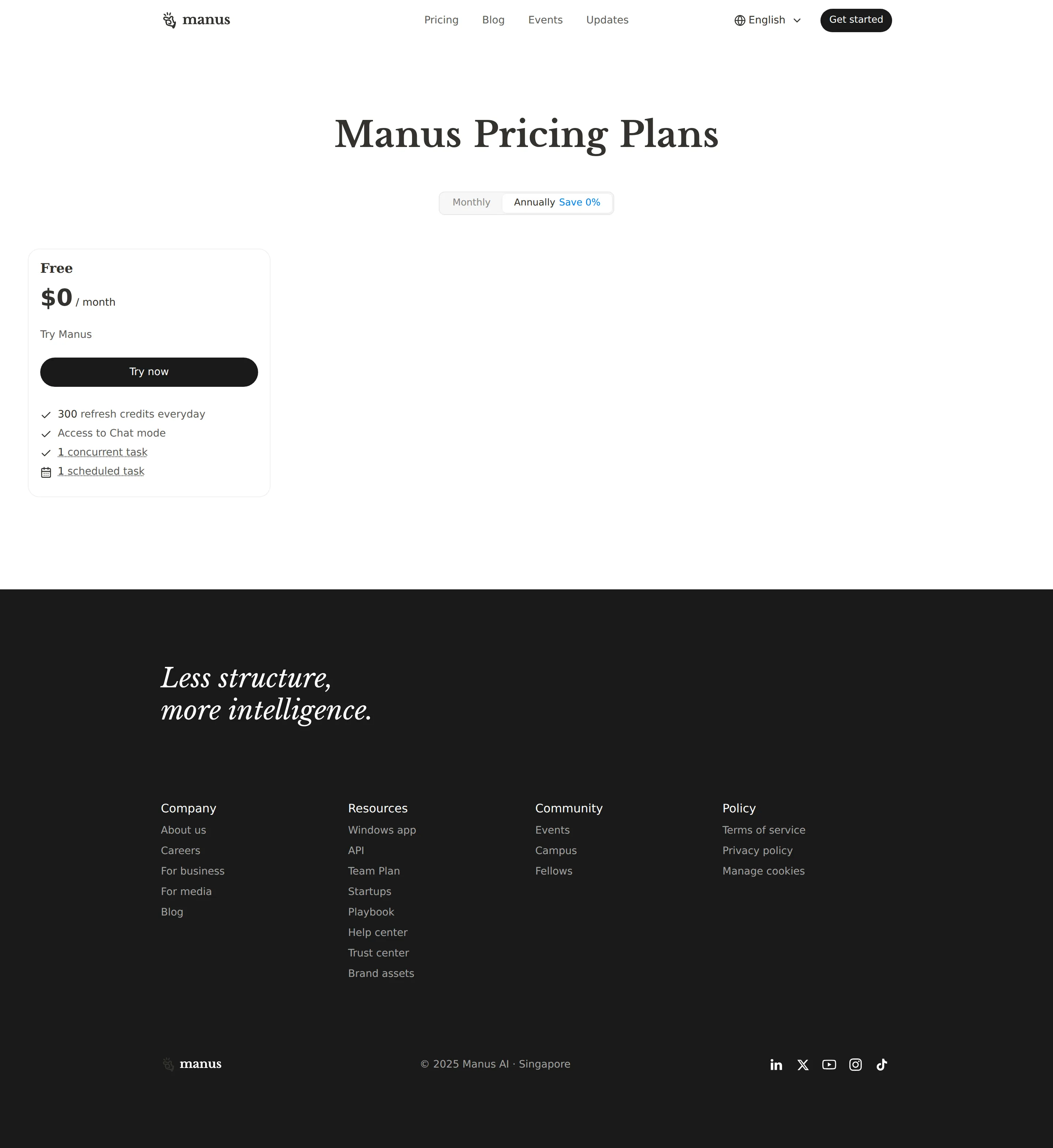 Re-cut credit ladder; Team plan in Beta; no annual discount yet - By October 2025 the dedicated /pricing page shows a $0 Free card (300 refresh cr