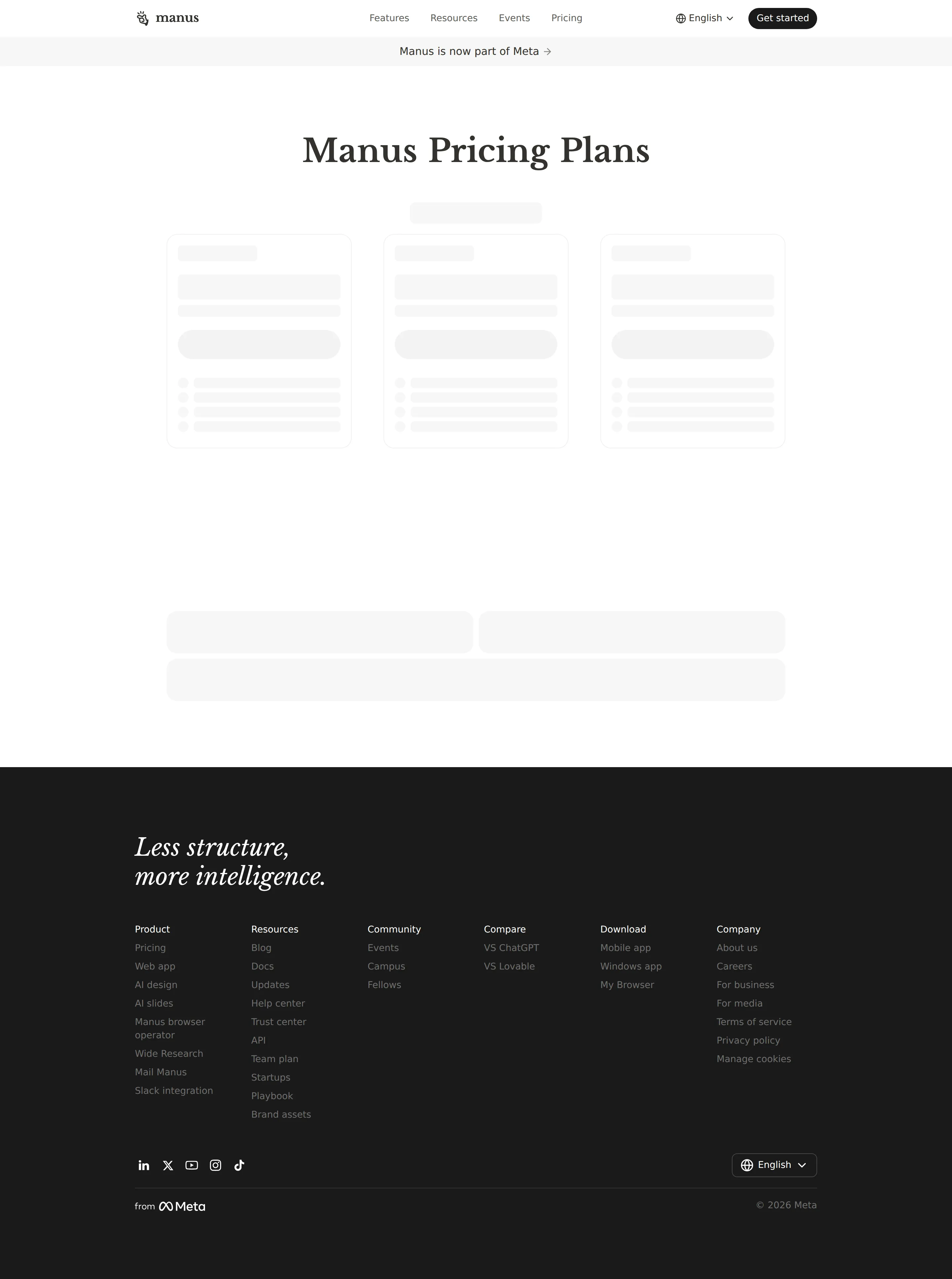 Meta ownership reflected across the pricing surface - Following the December 2025 acquisition, the pricing and team pages carry a 'Man