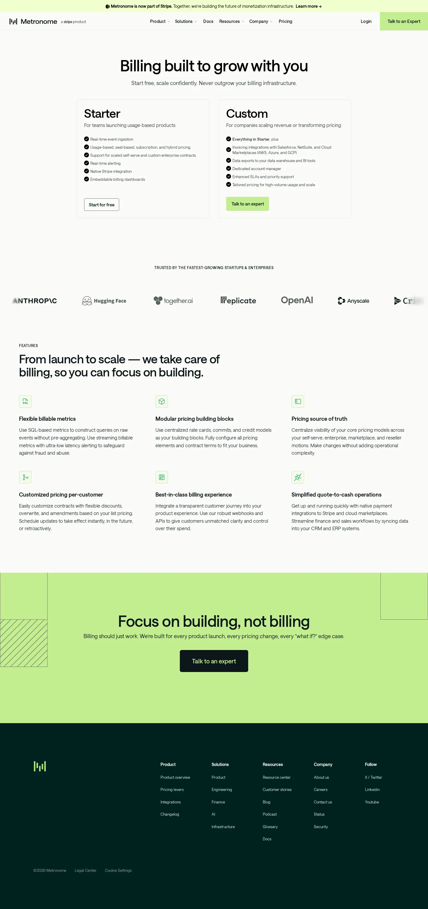 Free Starter + sales-quoted Custom (no public rates) - Pricing page presents two families with no dollar amounts: a free Starter tier (