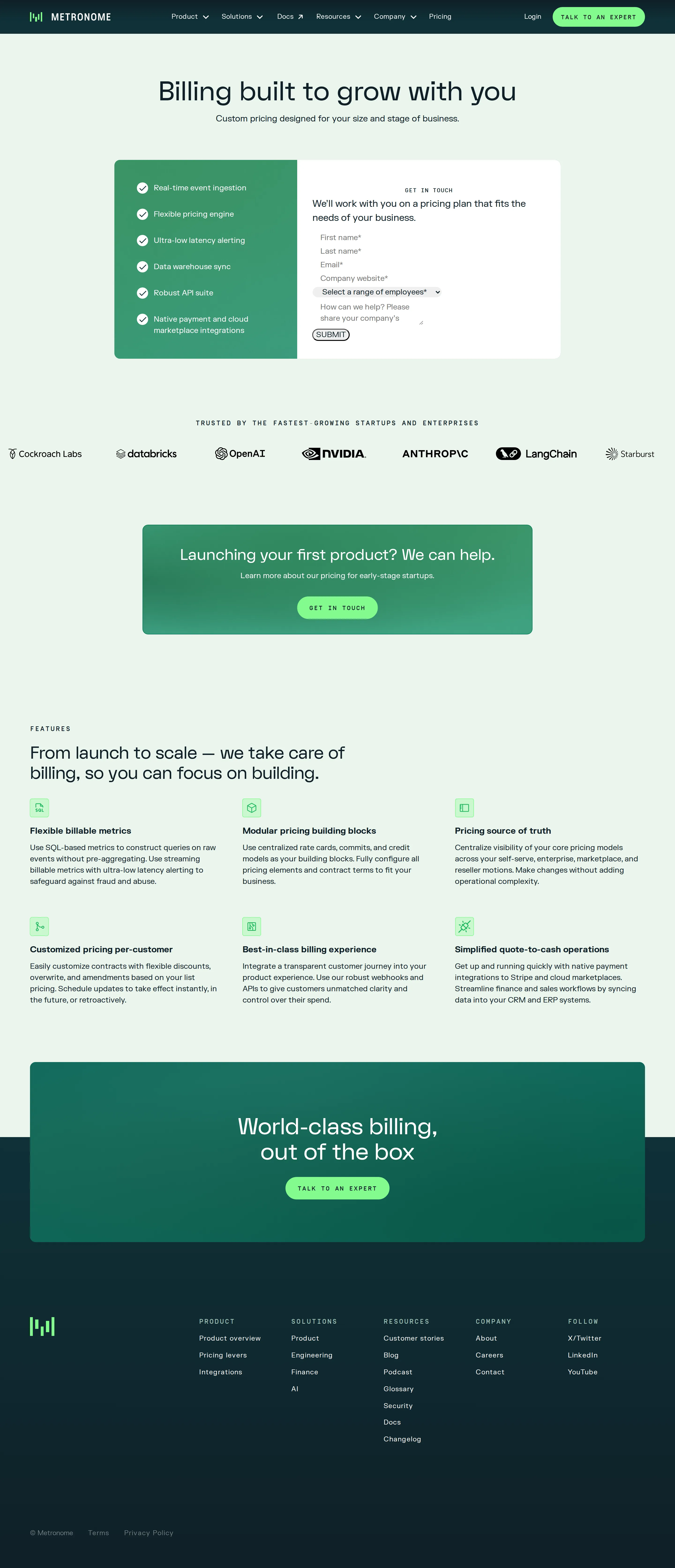 Contact-form pricing — no published tiers - The /pricing page reads 'Billing built to grow with you — custom pricing designe