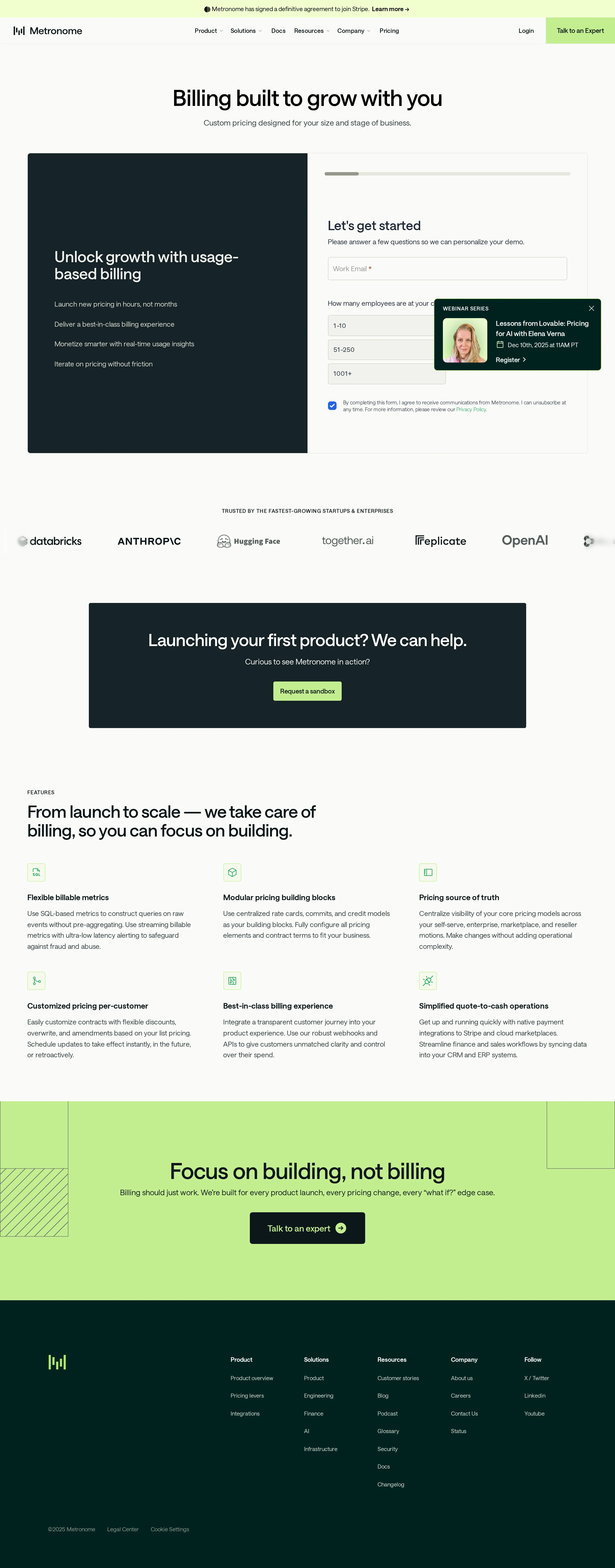 Stripe acquisition announced — banner added - Pricing page adds a banner: 'Metronome has signed a definitive agreement to join