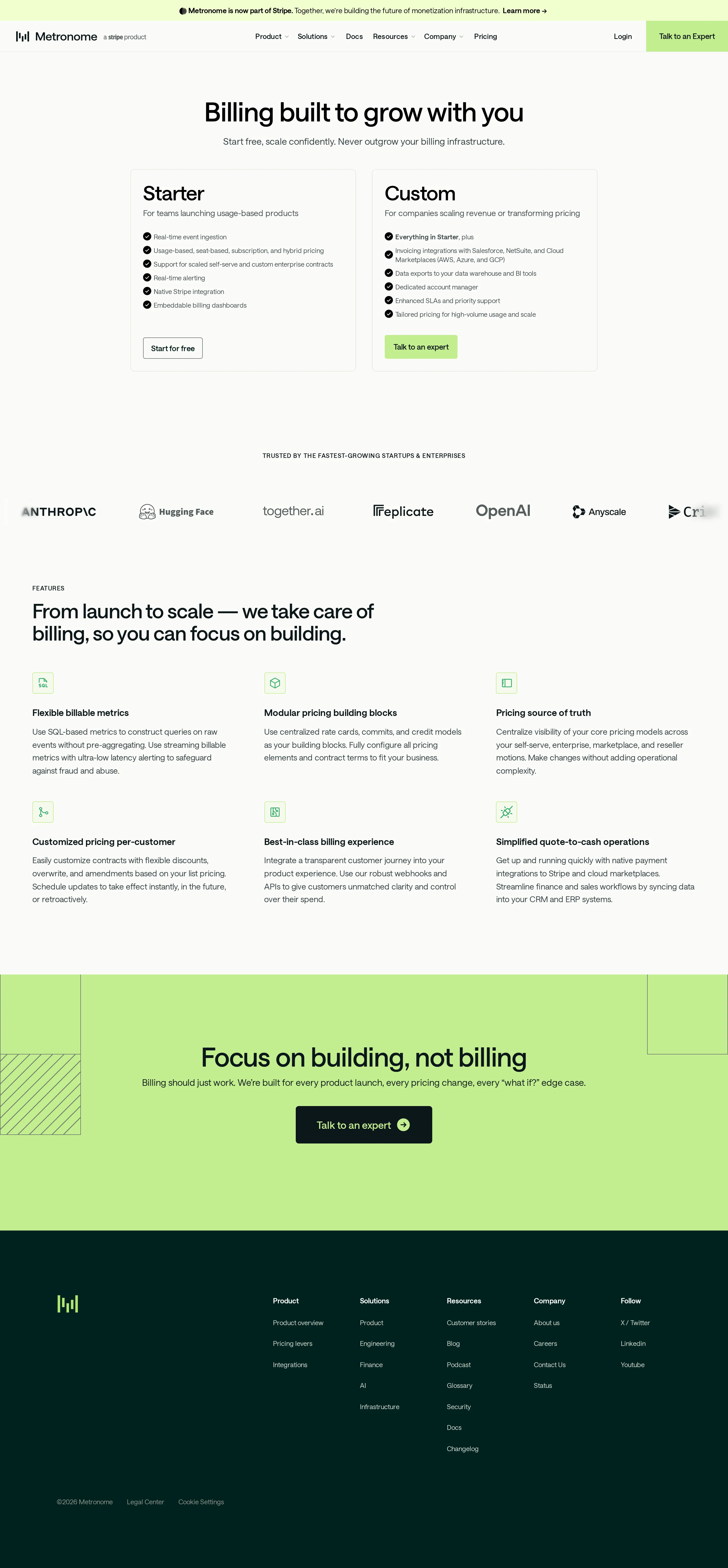 Starter (free) + Custom plan families published - Pricing page restructured to two explicit families with no dollar amounts: a fre