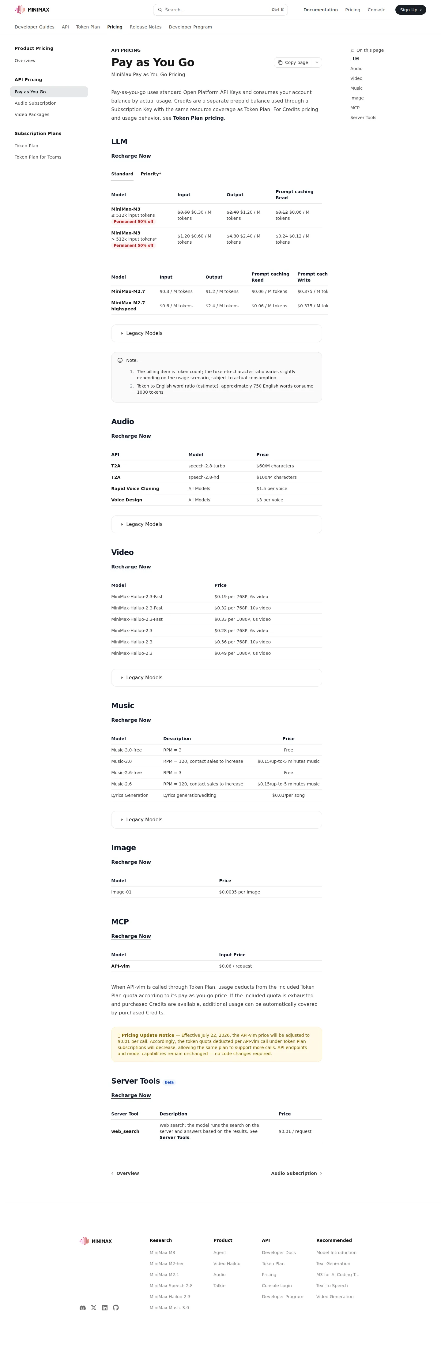 Lineup refresh: M2→M2.7, Music 3.0, MCP + server-tool billing; API-vlm cut to $0.01/call - Live USD international card: flagship MiniMax-M3 and MiniMax-M2.7 at $0.30/M in 