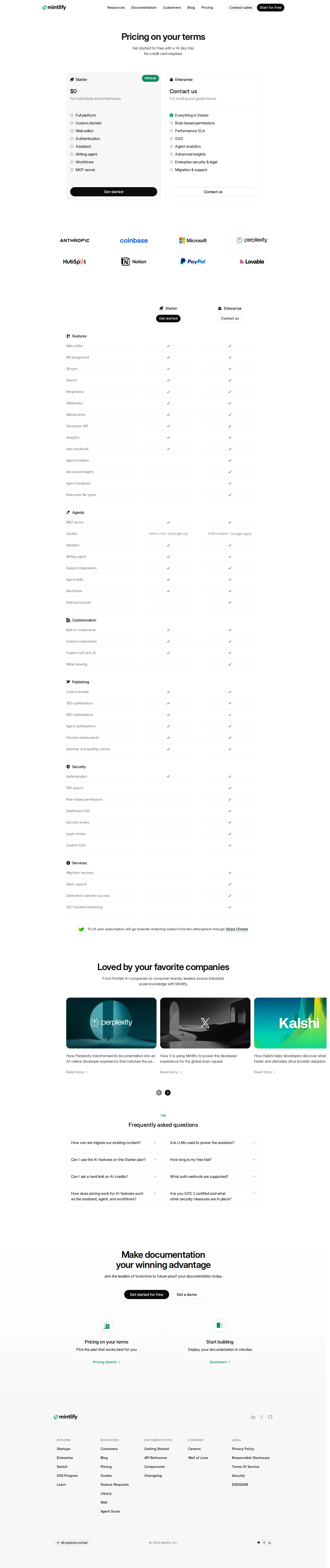 Live capture: free Starter + Enterprise + $0.01 credit overages - Pricing page shows two public tiers — Starter ($0) and Enterprise (Contact us) —