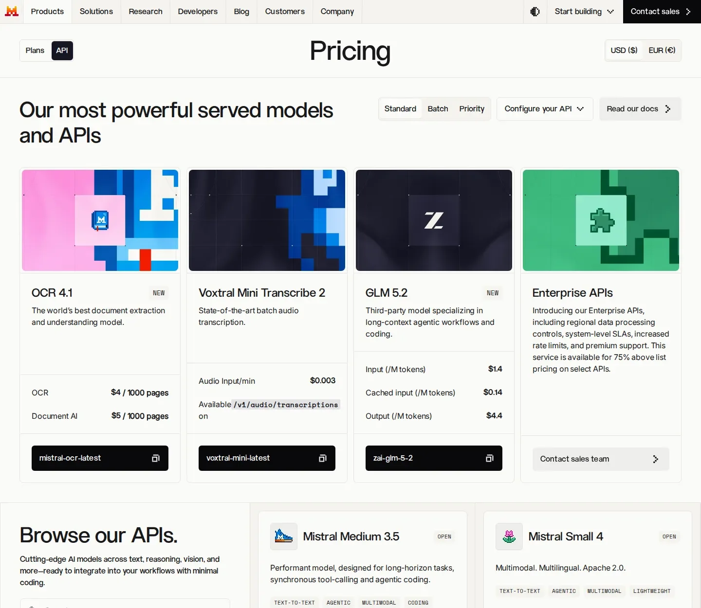 API catalog widens: GLM 5.2 + Enterprise APIs added, Moderation goes free - Live capture shows the API pricing page grew new surfaces since July: GLM 5.2 (a