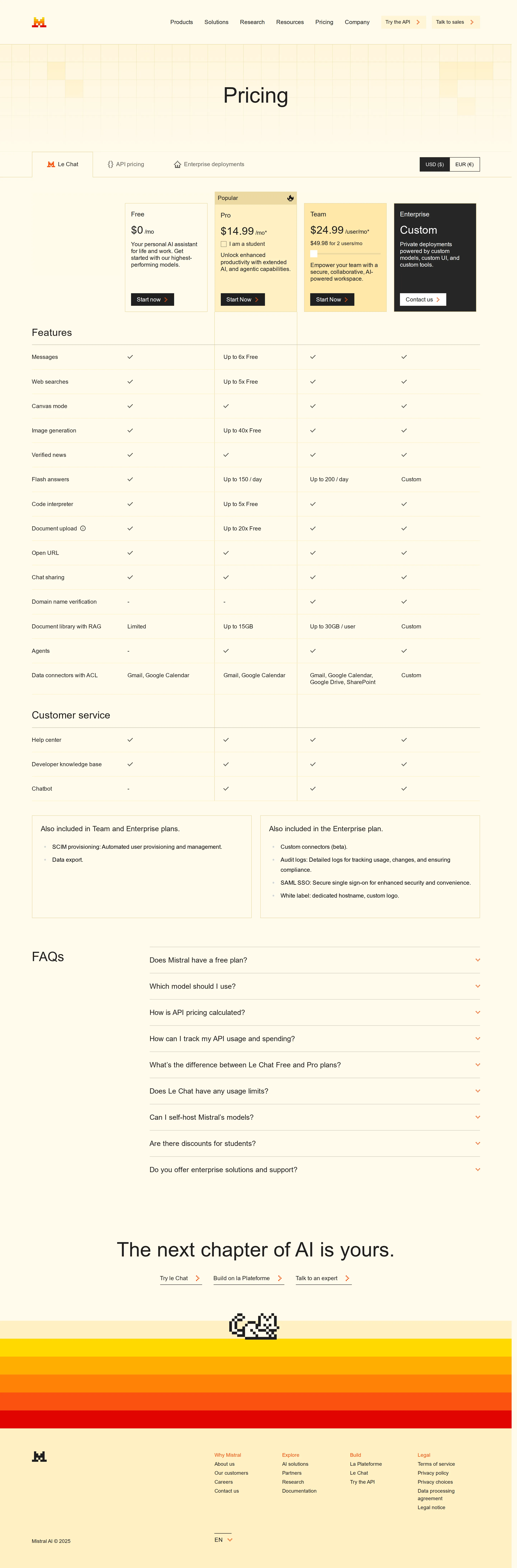 Le Chat plan grid: Free / Pro $14.99 / Team $24.99 / Enterprise - Wayback snapshot of mistral.ai/pricing shows the full consumer plan grid: Free $