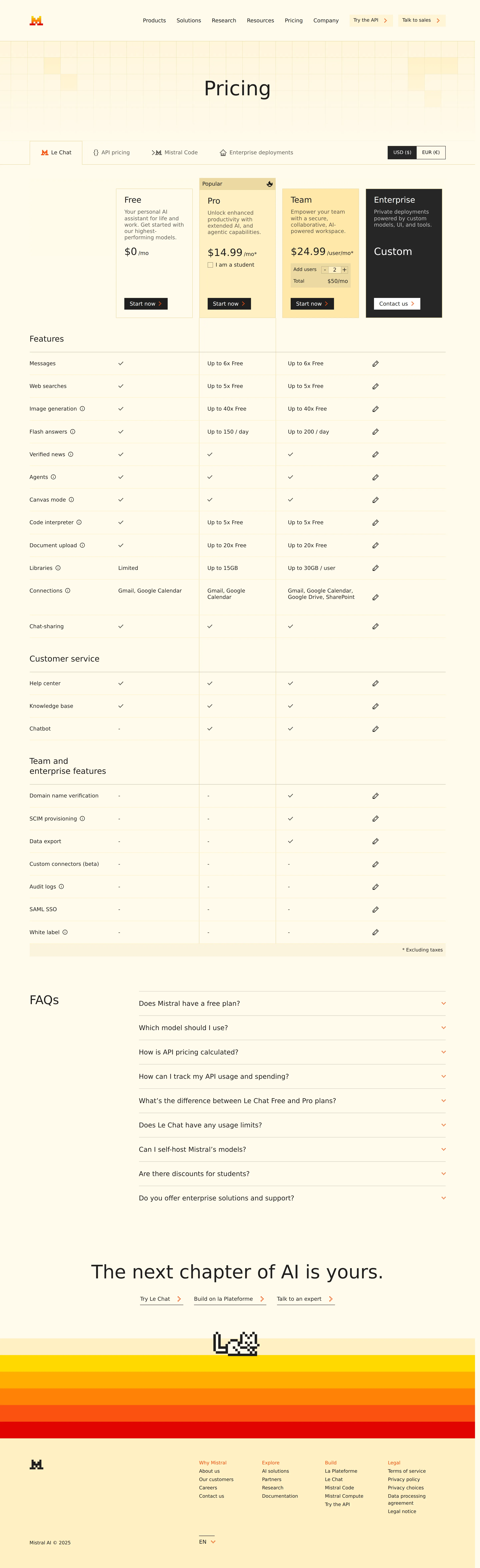 Mistral Code added as a dedicated pricing tab - Wayback snapshot shows a new 'Mistral Code' tab inserted into the pricing page b