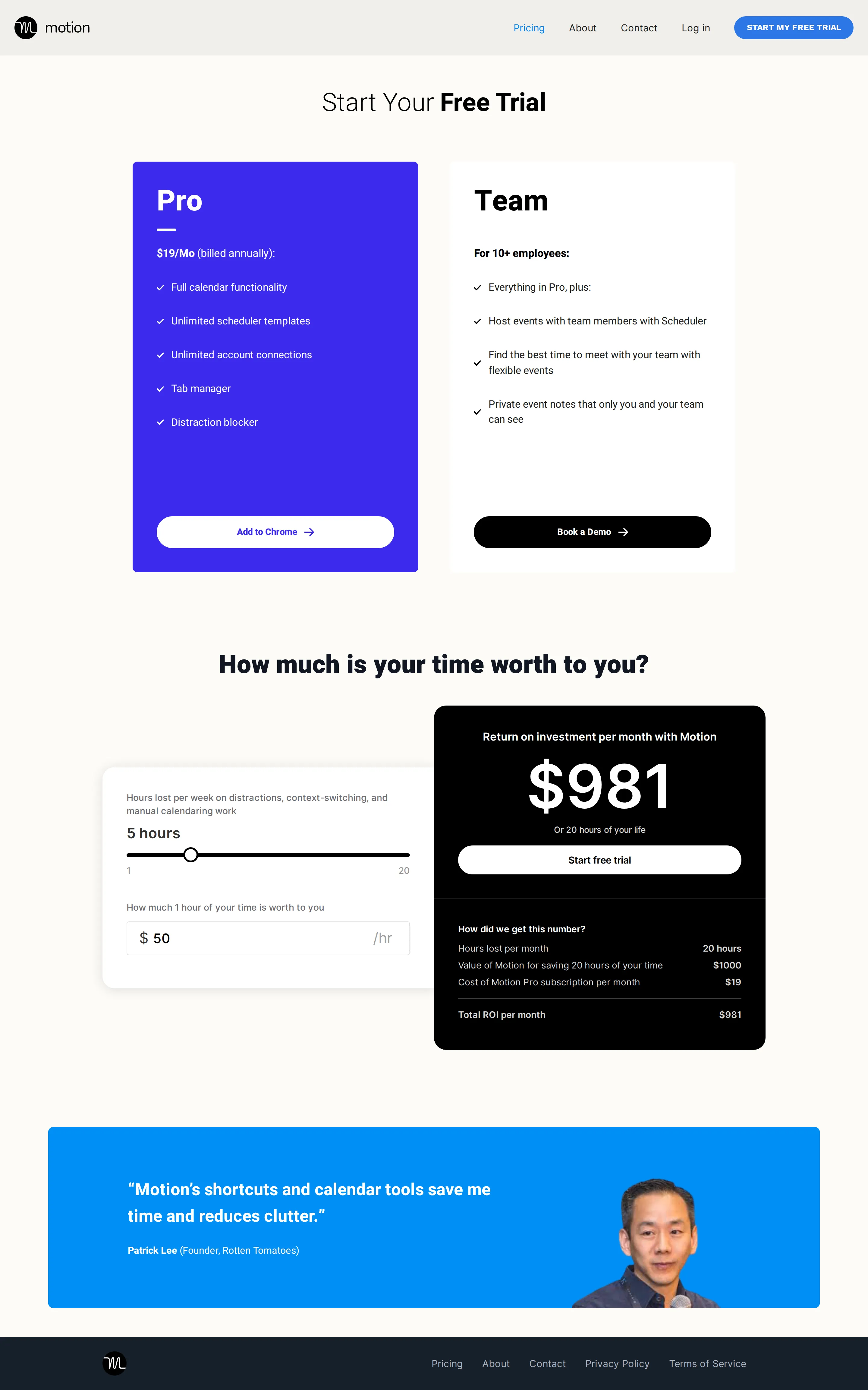 Launch as a $19/mo calendar extension - Motion's pricing page sold a single Pro plan at $19/mo (billed annually) — a Chr
