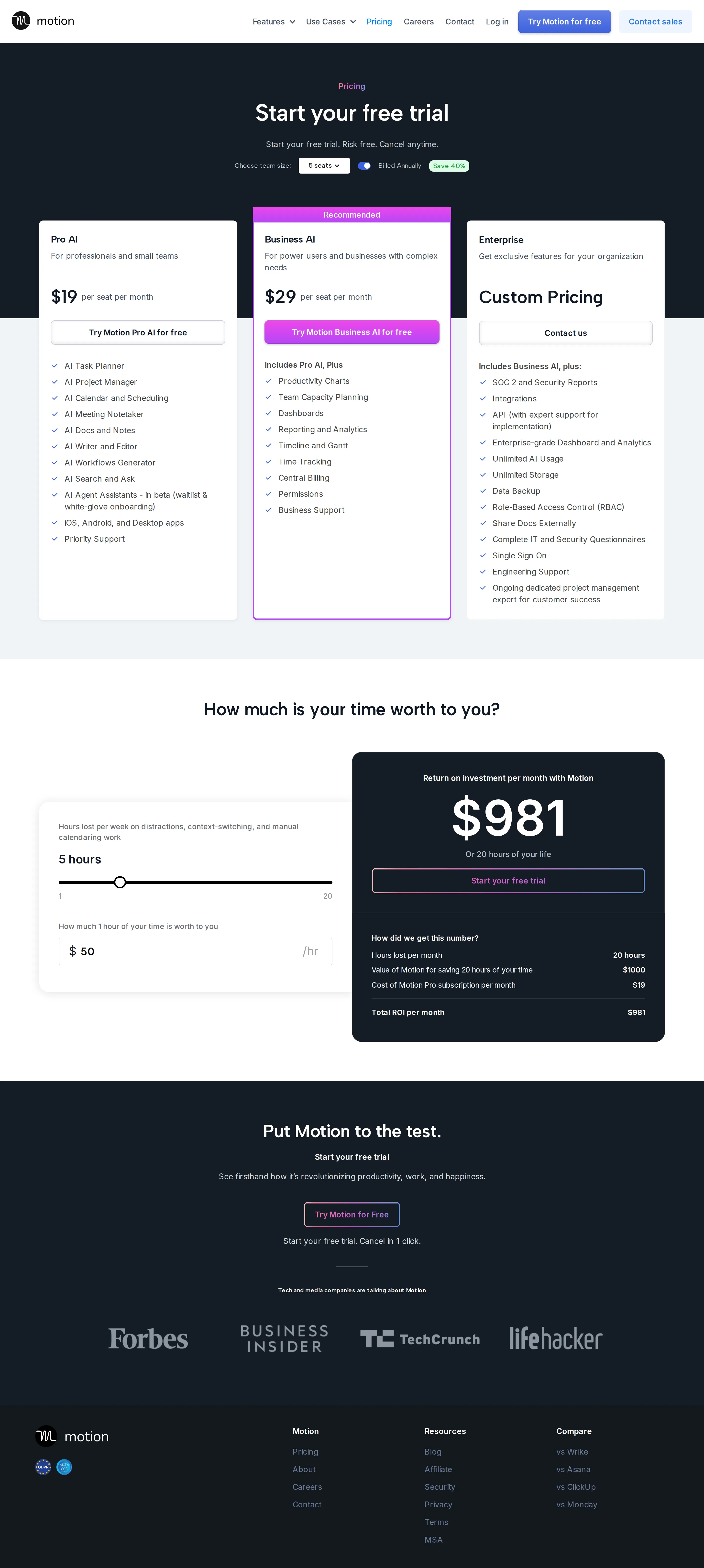 Pivot to per-seat Pro AI / Business AI - Motion relaunched as Pro AI ($19/seat/mo) and Business AI ($29/seat/mo), plus En