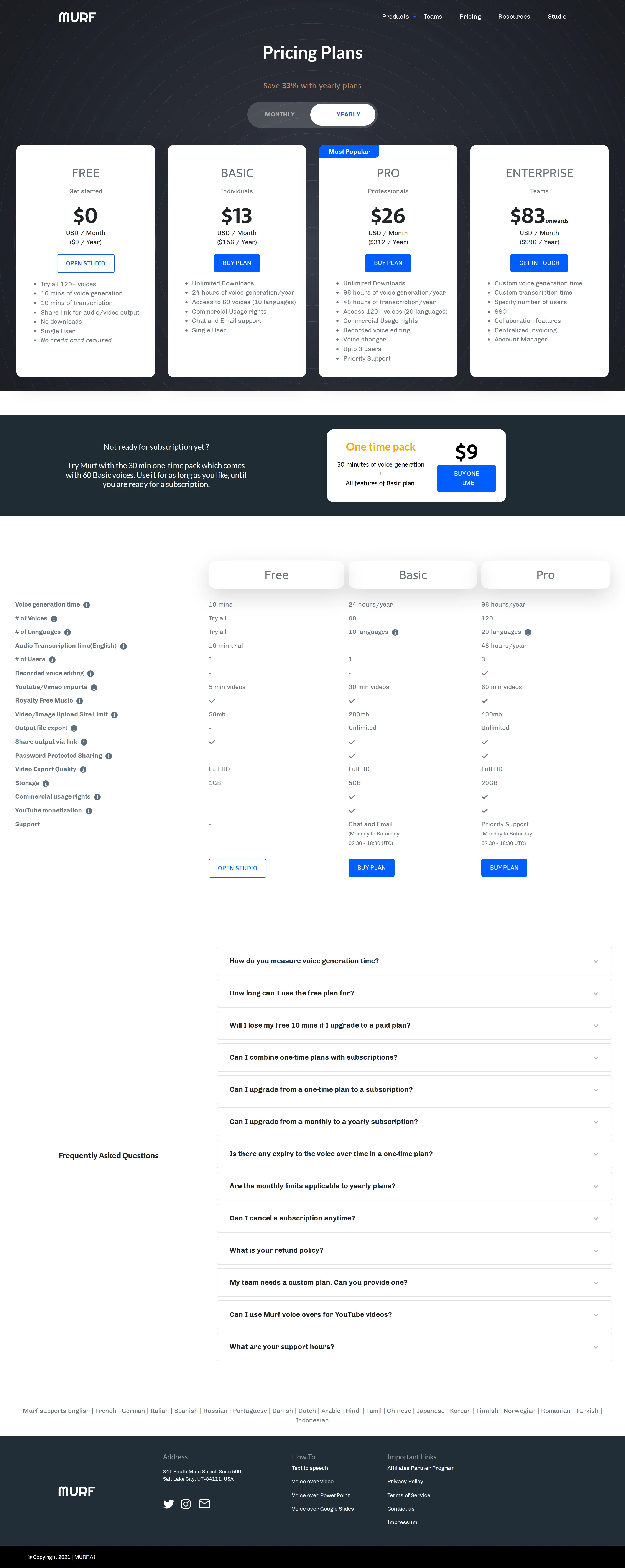 Four-tier Studio: Free / Basic $13 / Pro $26 / Enterprise $83 - Earliest archived pricing (Wayback, dark 'MURF' theme): Free $0, Basic $13/mo ($
