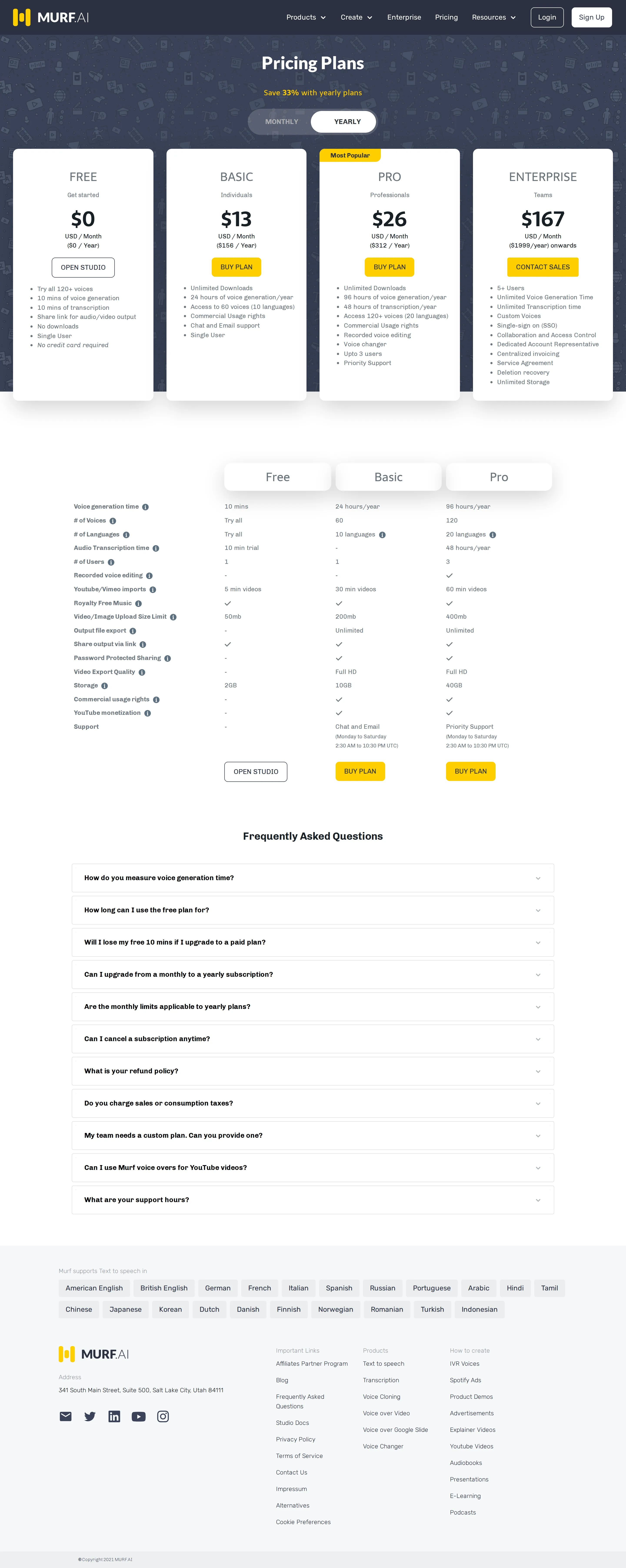 MURF.AI rebrand; Enterprise becomes per-seat ($167/mo, 5+ users) - The pricing page moves from the dark 'MURF' theme to the navy 'MURF.AI' brand. B