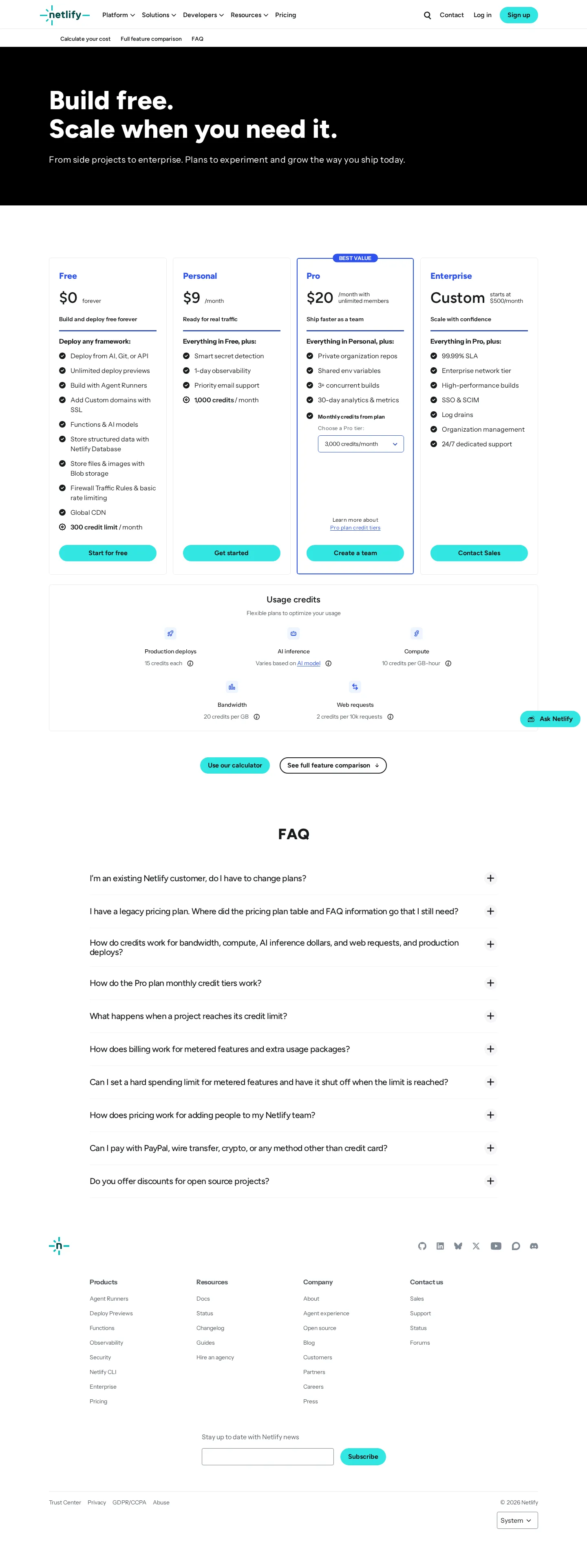 Pro plan gains selectable monthly credit tiers - The Pro plan pricing card added a 'Choose a Pro tier' selector: the $20/month ba