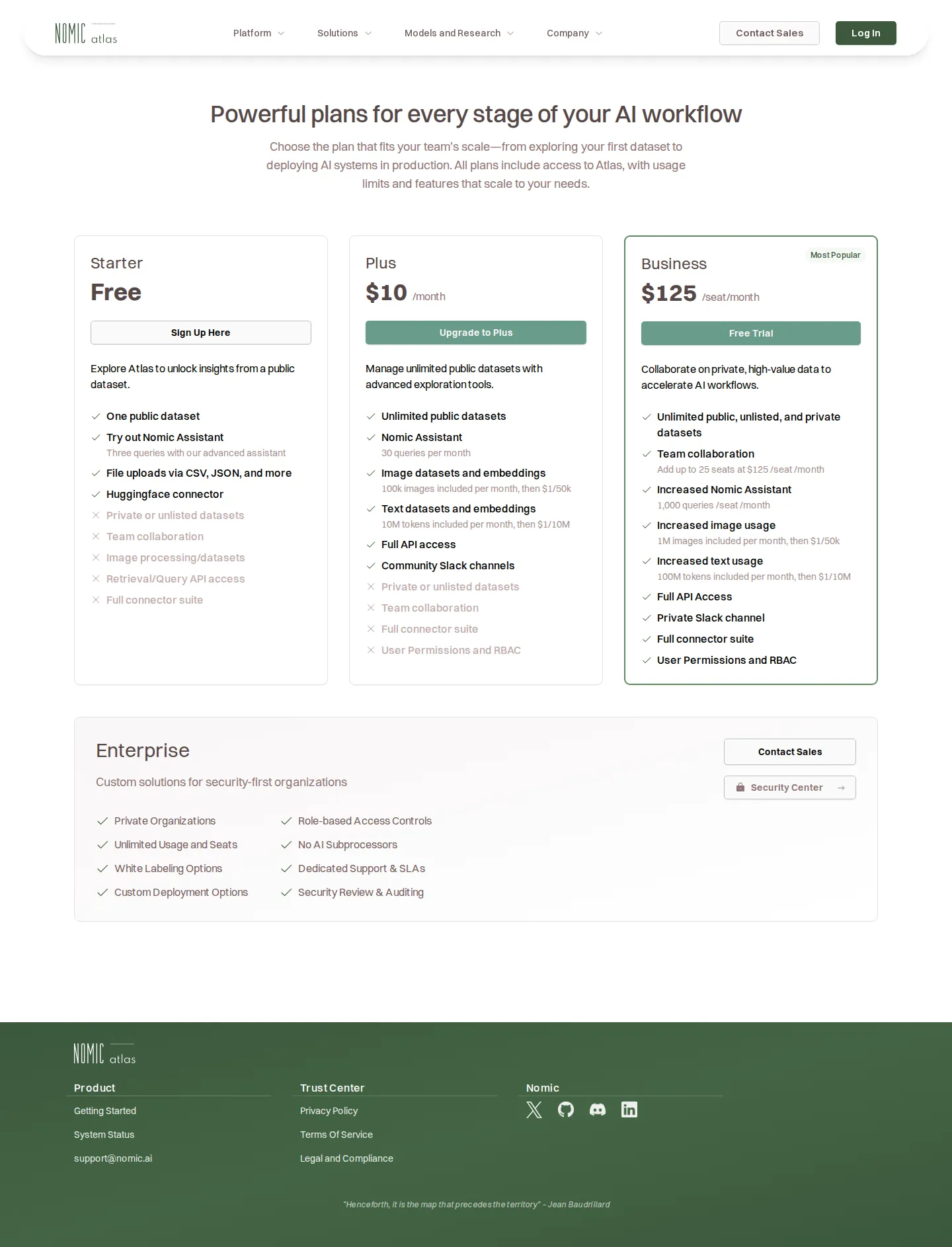 Two surfaces confirmed — AEC Platform + Atlas tiers - As of the 2026-06-03 capture, www.nomic.ai/pricing lists Business $40/user/month