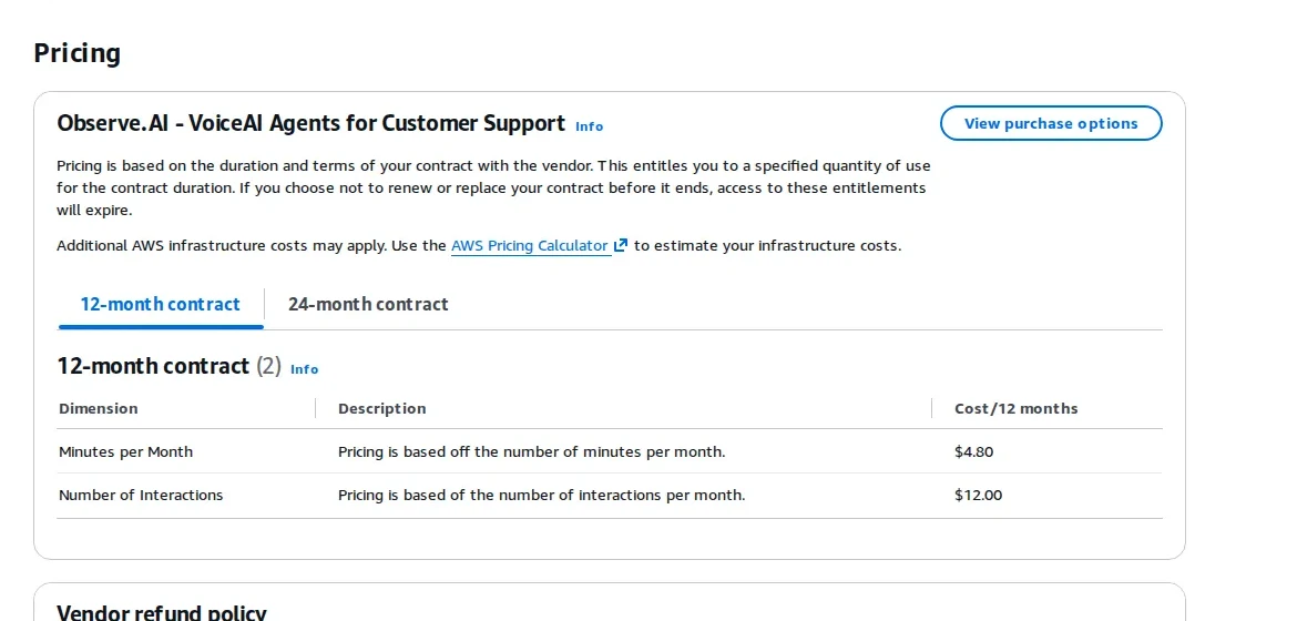 AWS Marketplace VoiceAI listing meters minutes and interactions - Observe.AI's AWS Marketplace listing for VoiceAI Agents for Customer Support pri