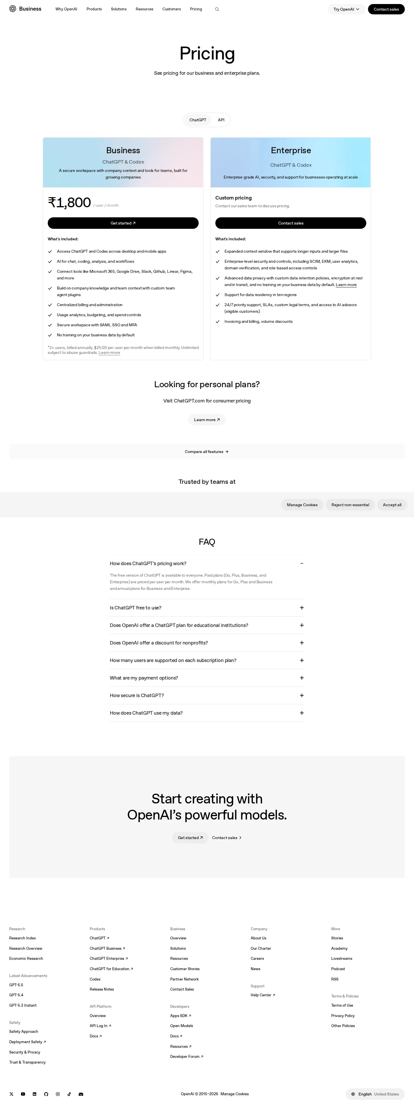 Pricing Snapshot — Business & Enterprise comparison refresh - Re-capture of the ChatGPT Business/Enterprise comparison surface. Headline price