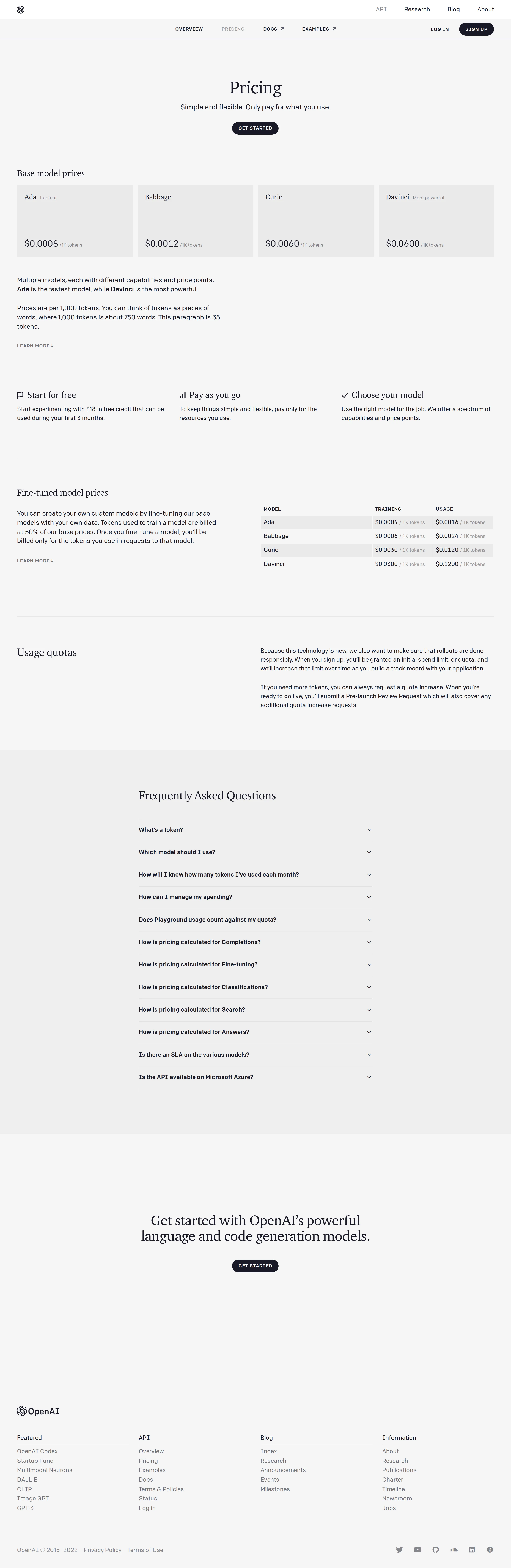 GPT-3 Base Model Prices — Davinci $0.06/1K - Public API pricing showed four GPT-3 base models: Ada $0.0008/1K, Babbage $0.001