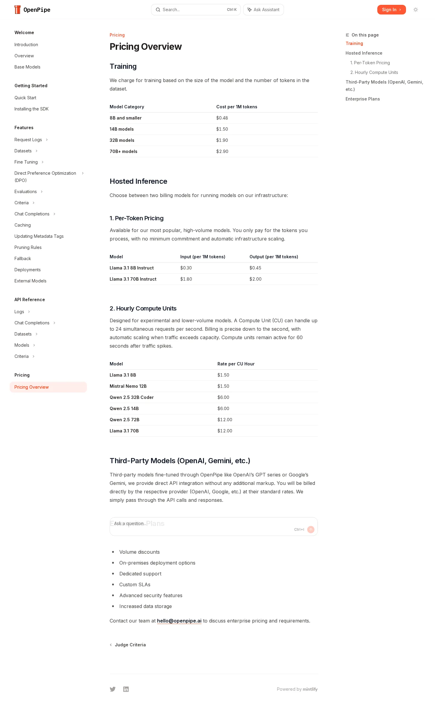 Current usage-based rate card - Training priced per 1M dataset tokens by model size ($0.48 for 8B-and-smaller up