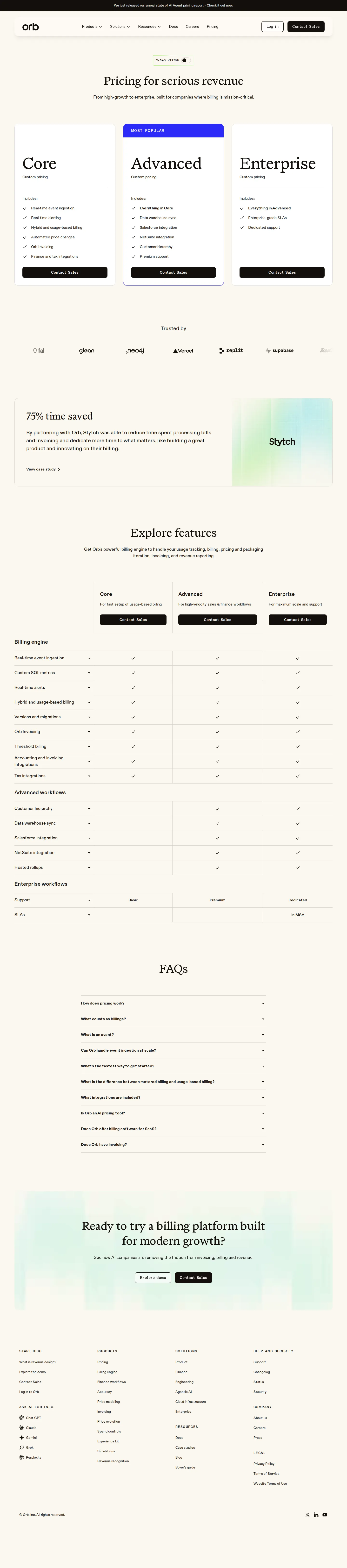 Three custom-priced tiers (Core / Advanced / Enterprise) - Orb's public pricing page shows three sales-led tiers — Core, Advanced (most pop